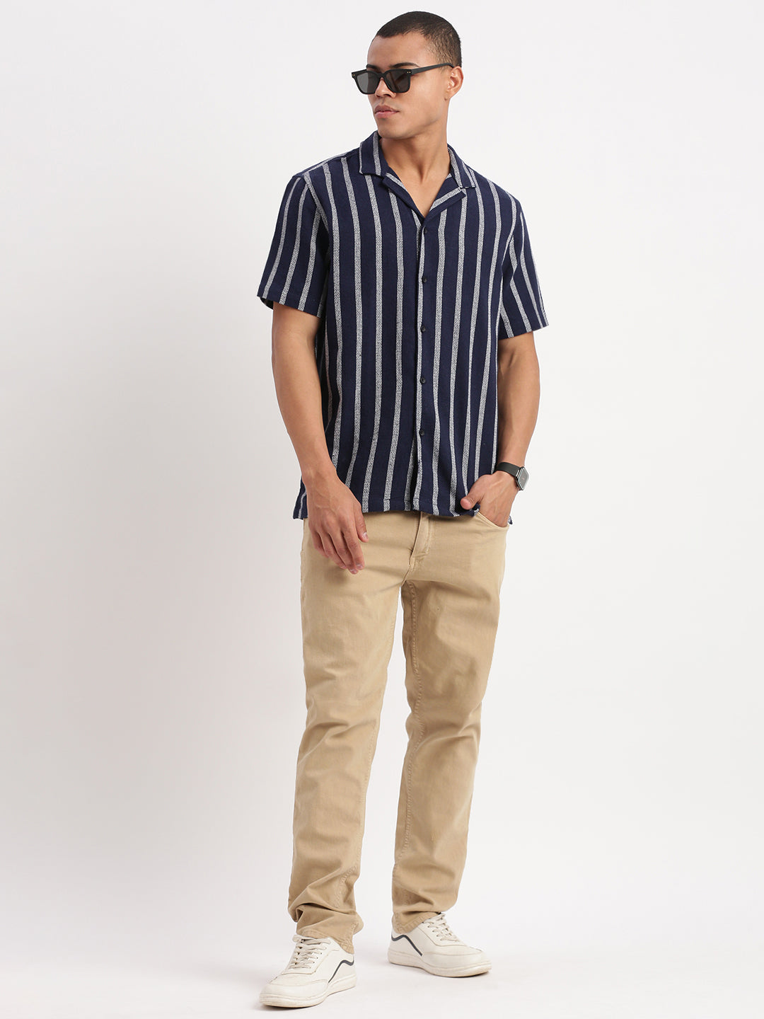 Men Cuban Collar Vertical Stripes Navy Blue Shirt