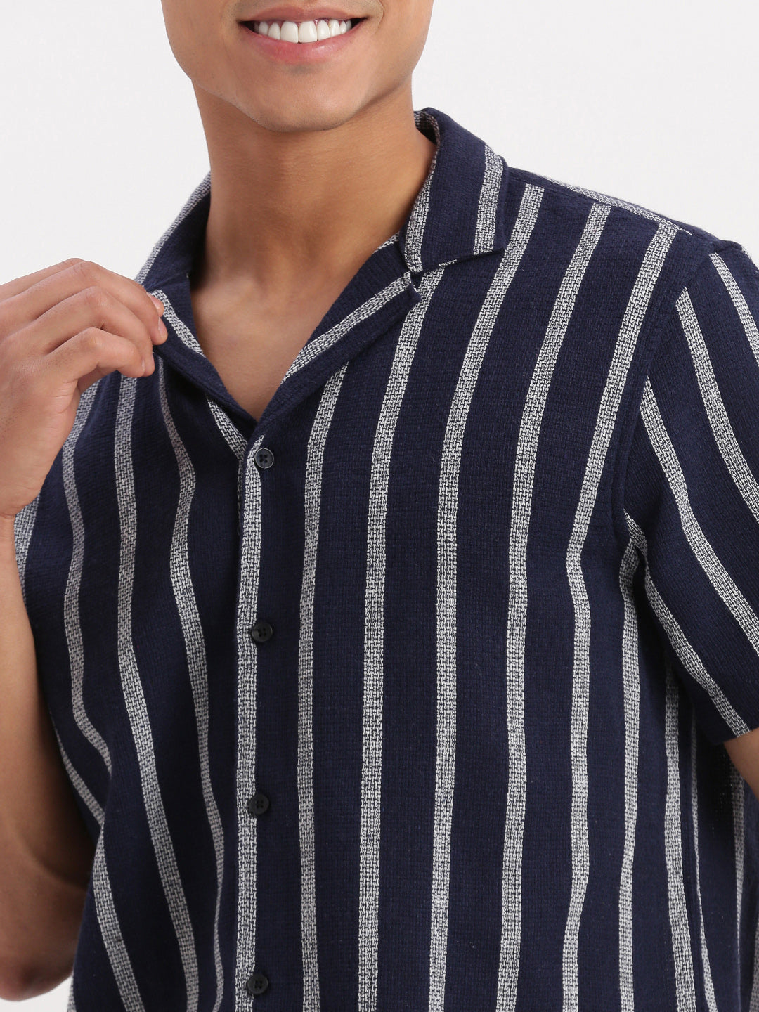 Men Cuban Collar Vertical Stripes Navy Blue Shirt