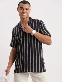 Men's Cuban Collar Vertical Stripes Casual Navy Blue Shirt