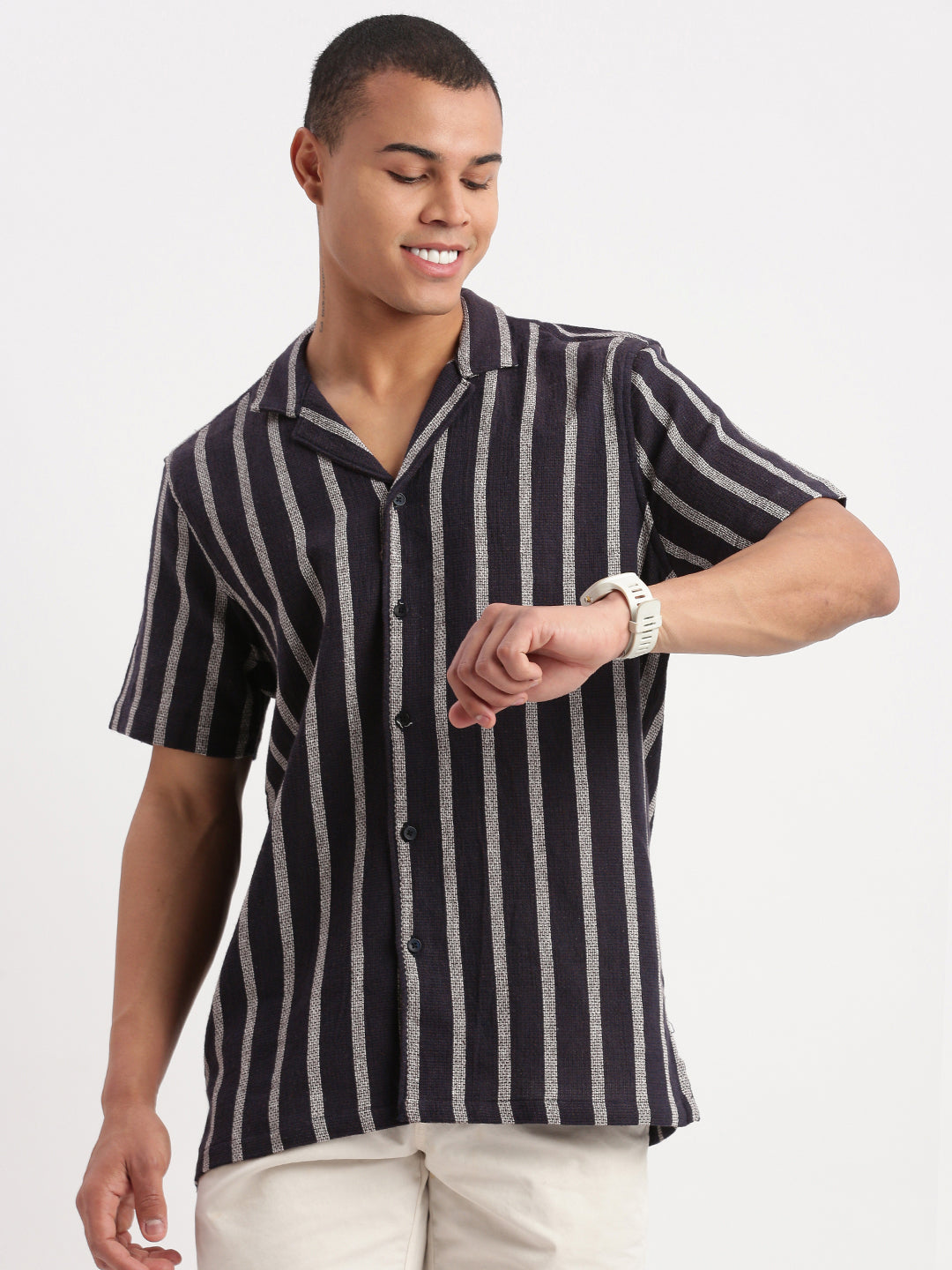 Men Cuban Collar Vertical Stripes Navy Blue Shirt