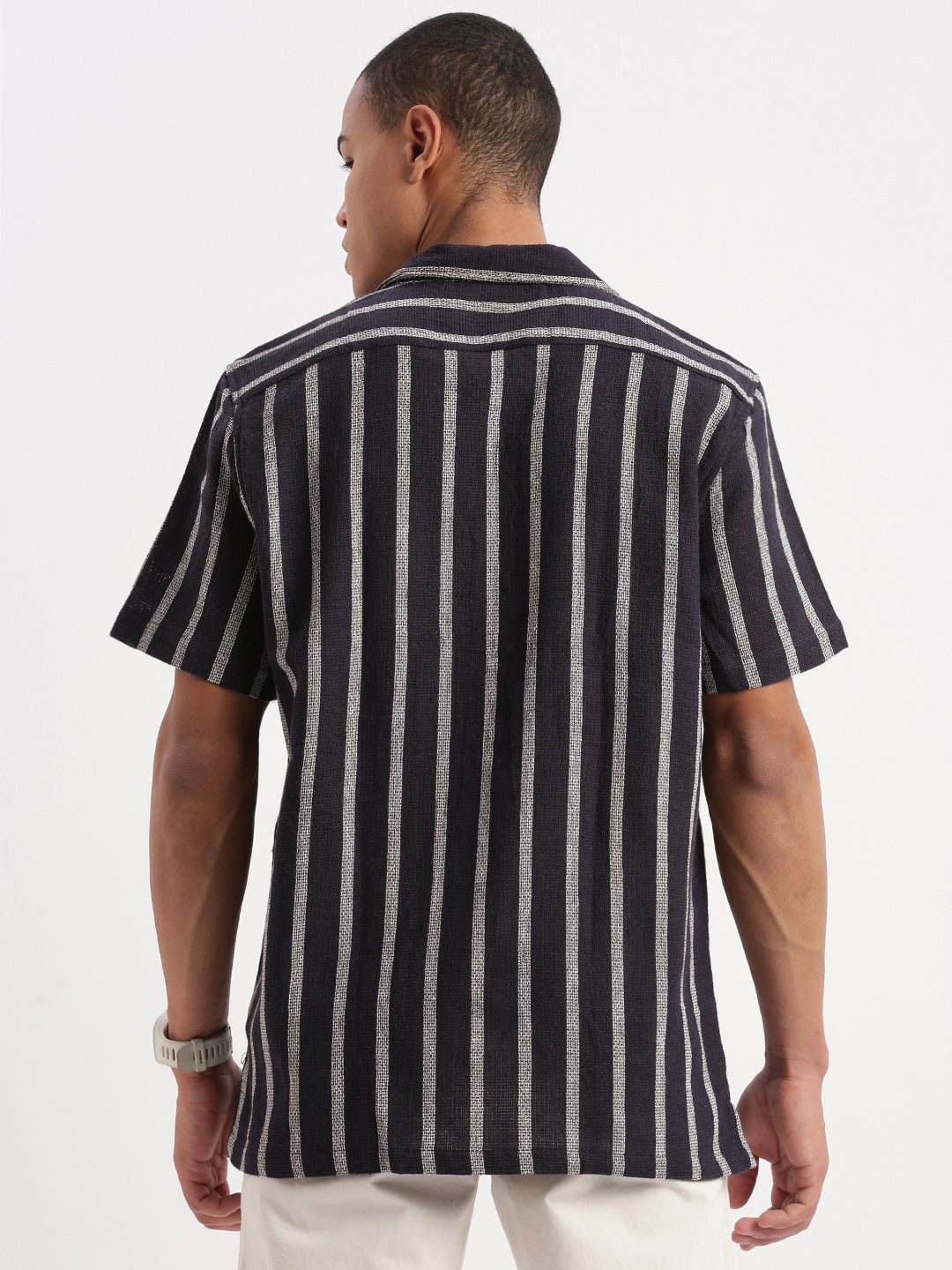 Men Cuban Collar Vertical Stripes Navy Blue Shirt