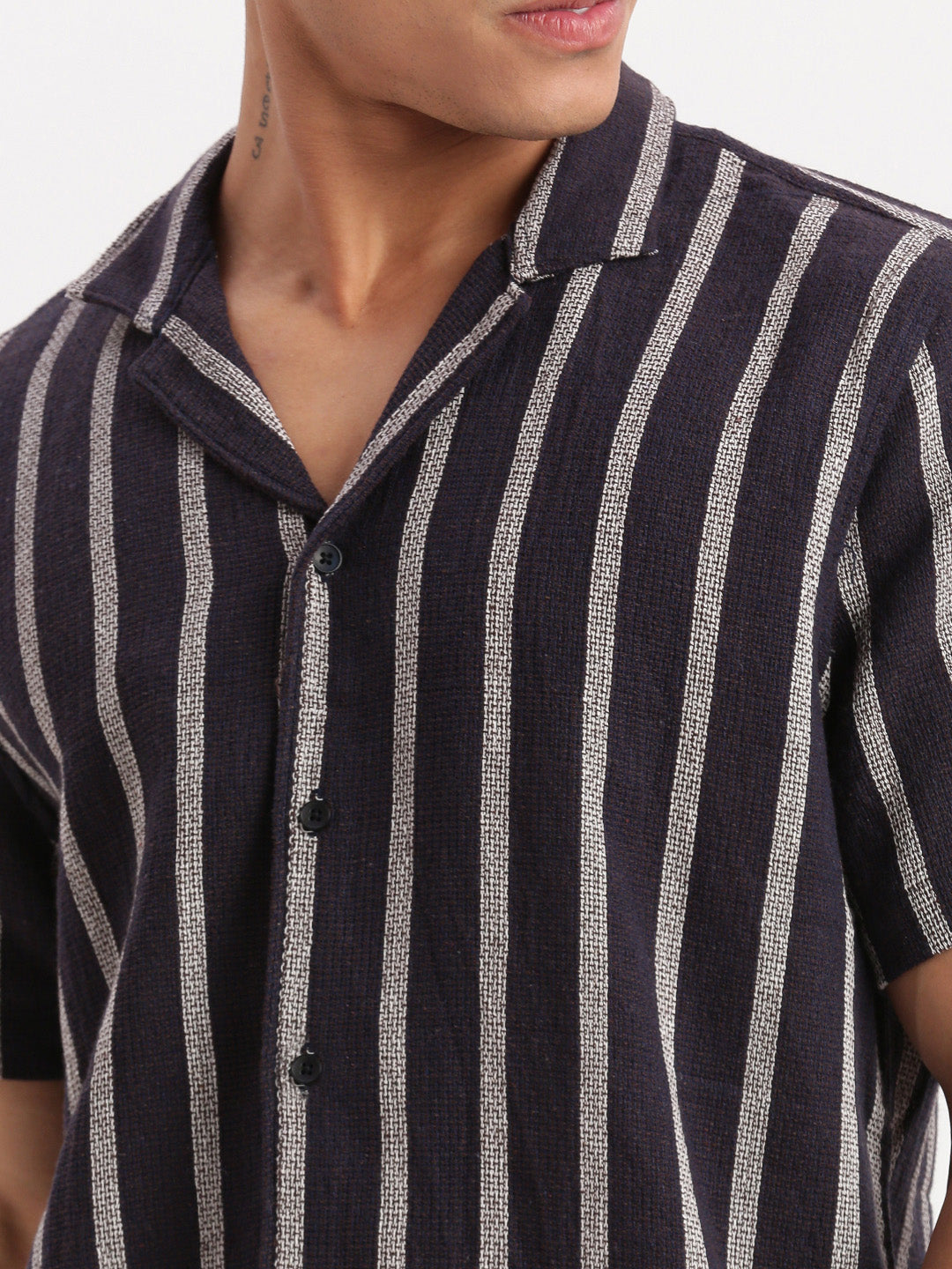 Men Cuban Collar Vertical Stripes Navy Blue Shirt