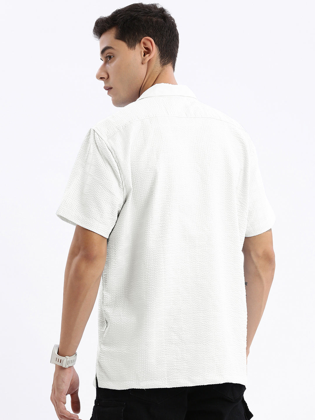 Men's White Cuban Collar Relaxed Fit Shirt
