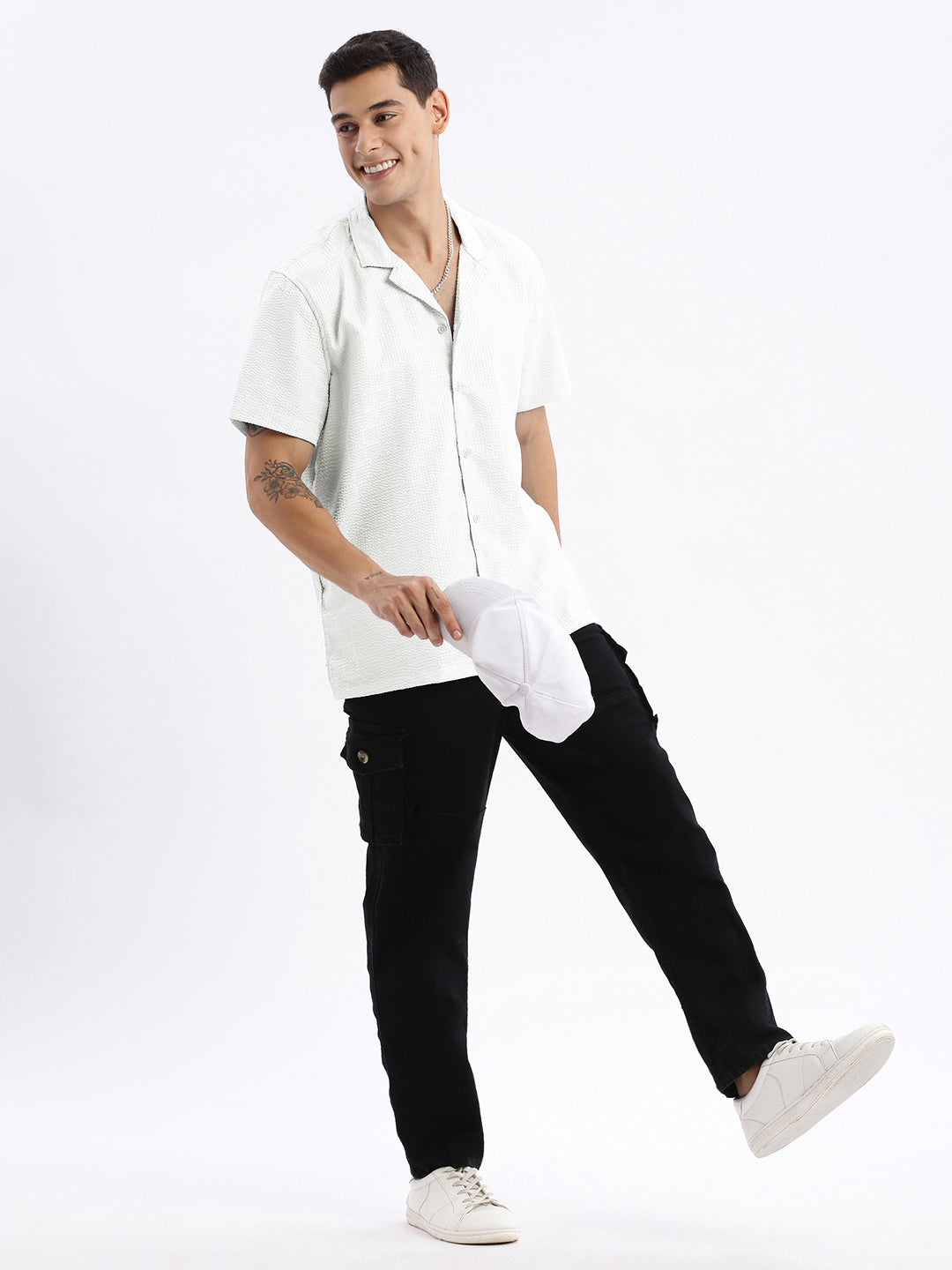 Men's White Cuban Collar Relaxed Fit Shirt