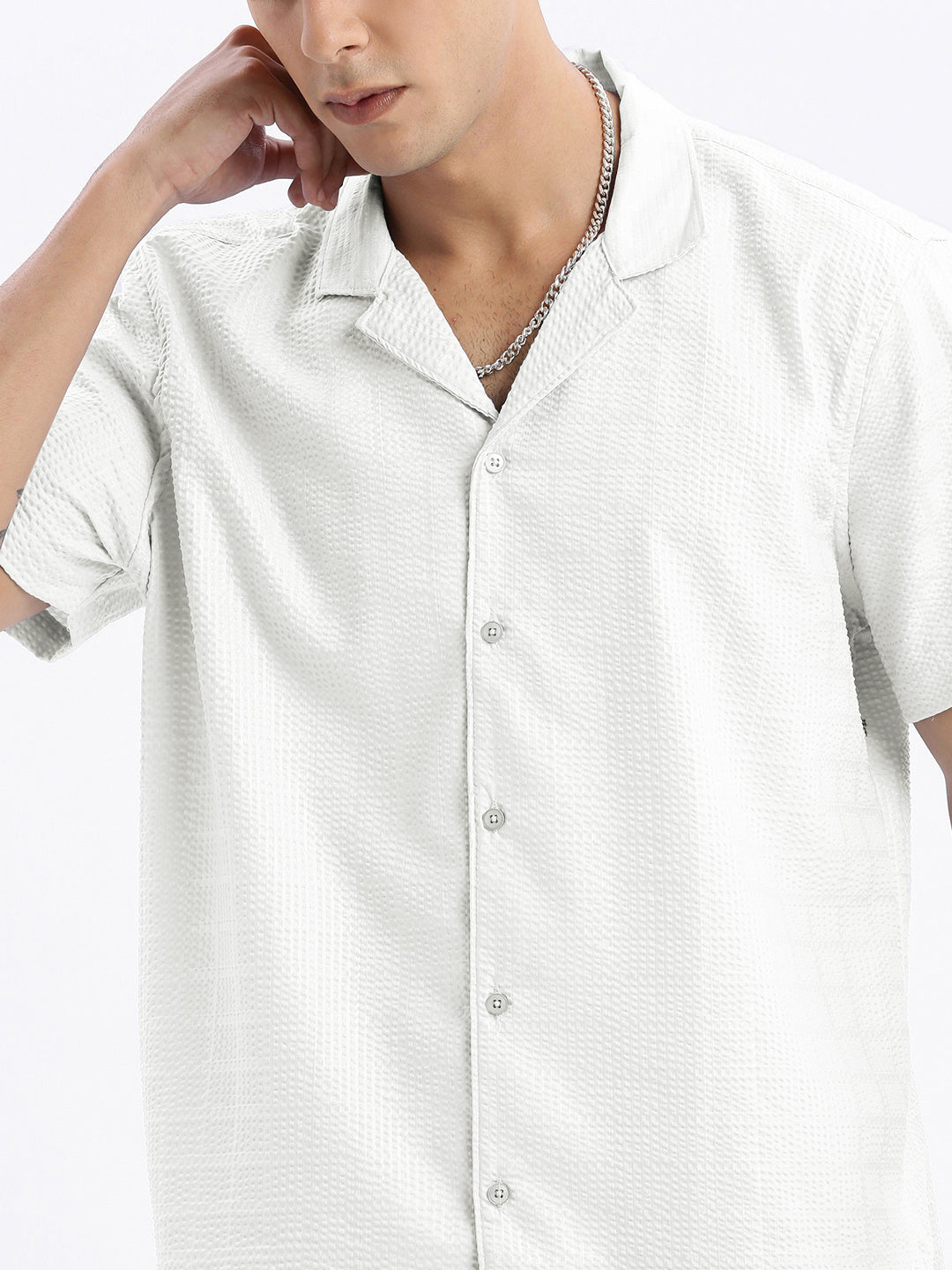 Men's White Cuban Collar Relaxed Fit Shirt