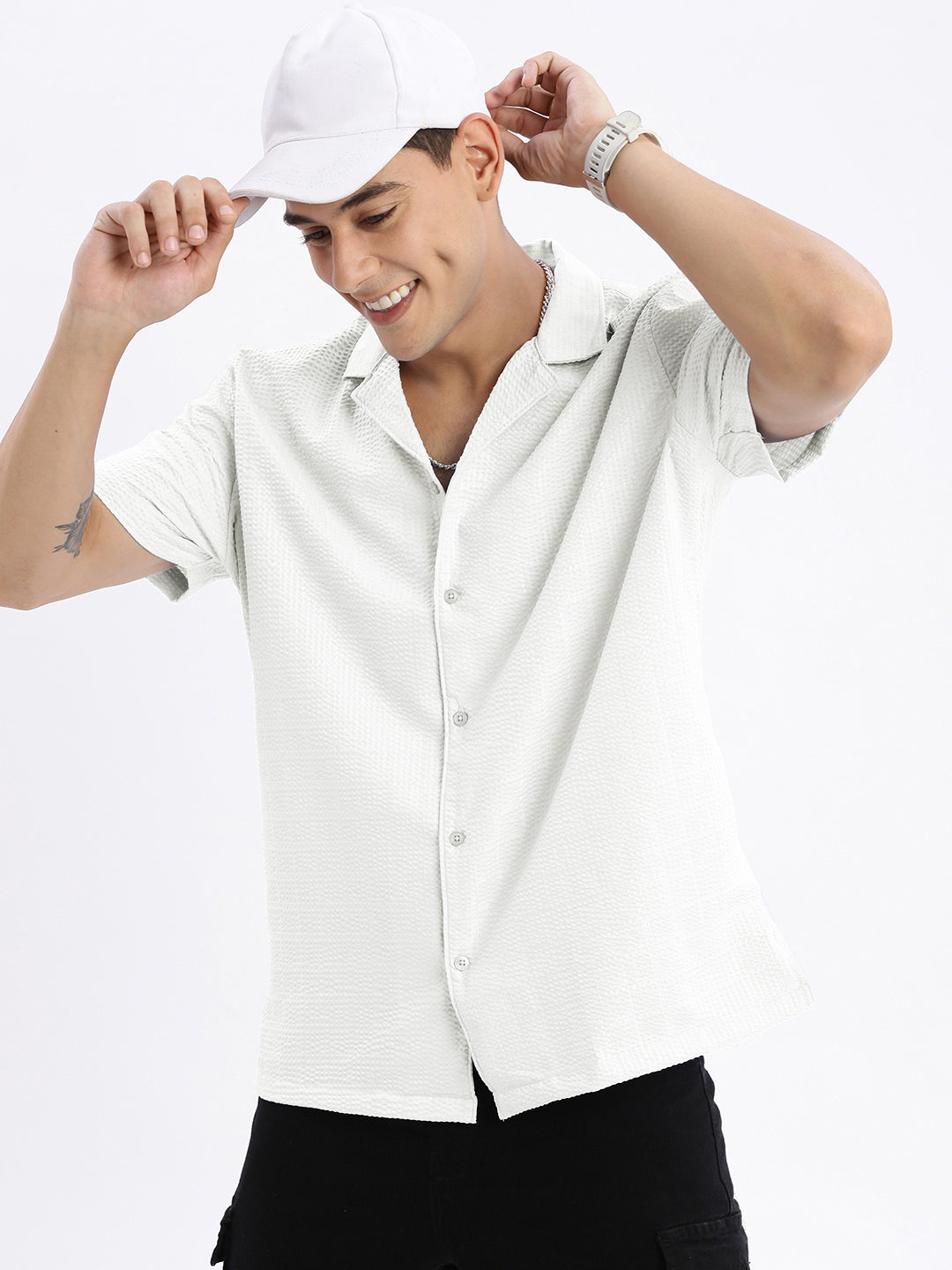 Men's White Cuban Collar Relaxed Fit Shirt