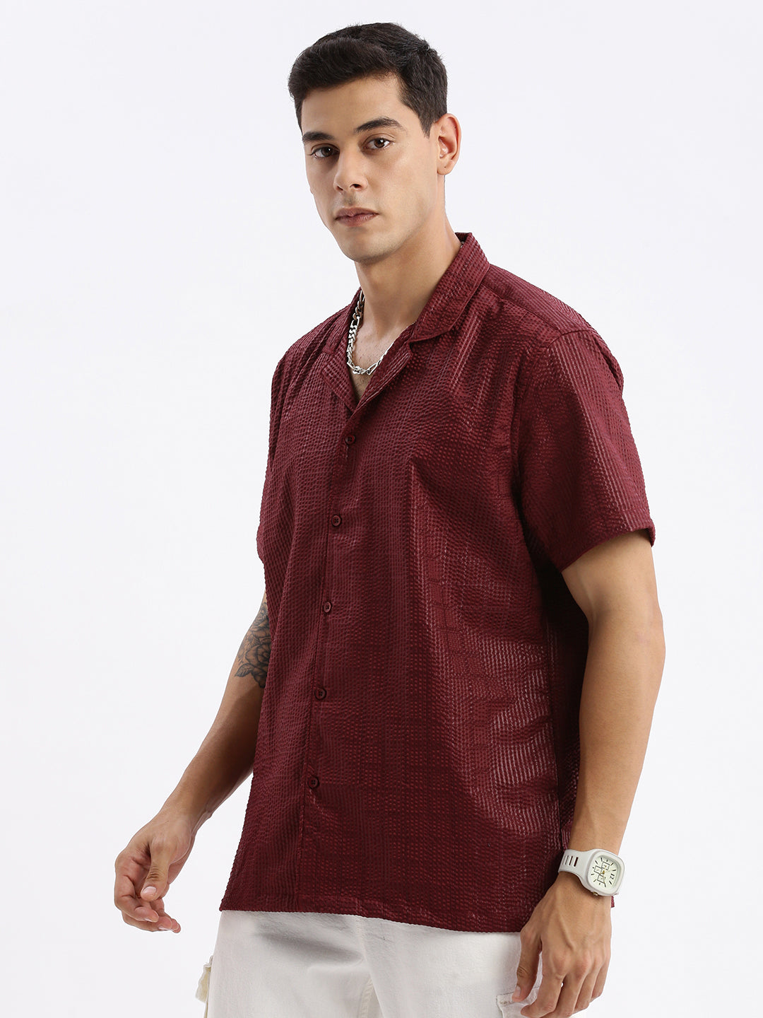 Men Cuban Collar Solid Relaxed Fit Maroon Shirt