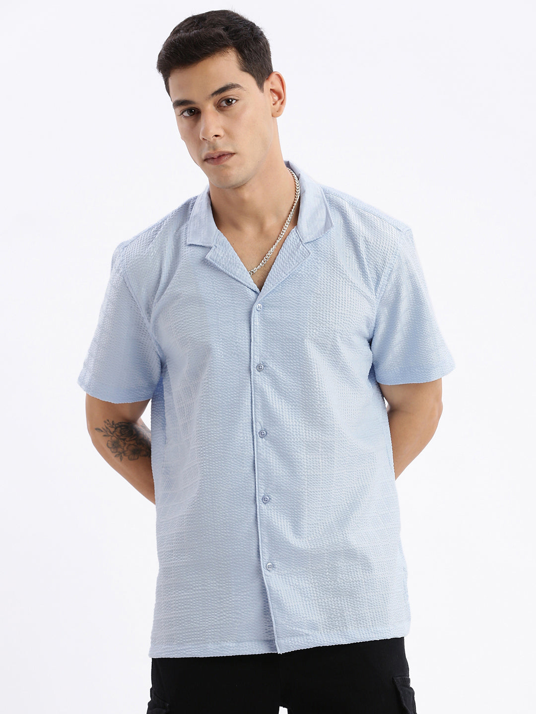 Men Cuban Collar Solid Relaxed Fit Blue Shirt