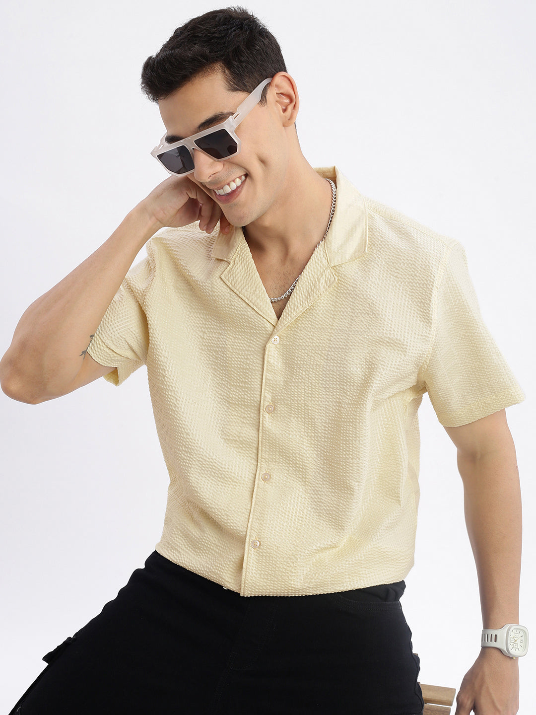 Men Cuban Collar Solid Relaxed Fit Yellow Shirt