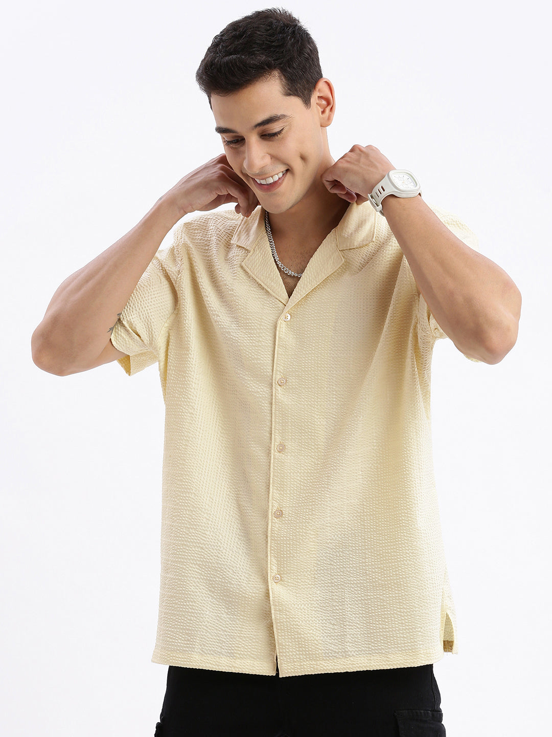 Men Cuban Collar Solid Relaxed Fit Yellow Shirt