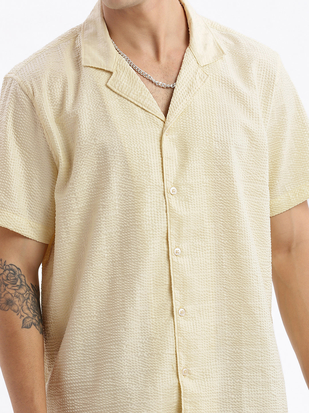 Men Cuban Collar Solid Relaxed Fit Yellow Shirt