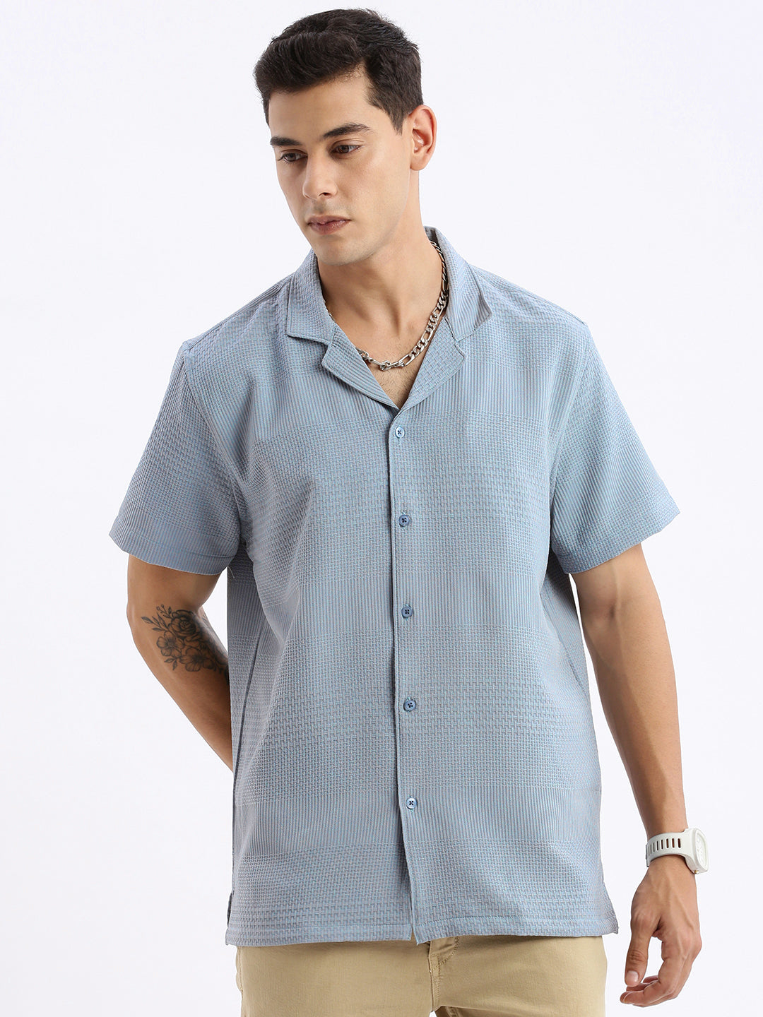 Men Cuban Collar Solid Relaxed Fit Blue Shirt