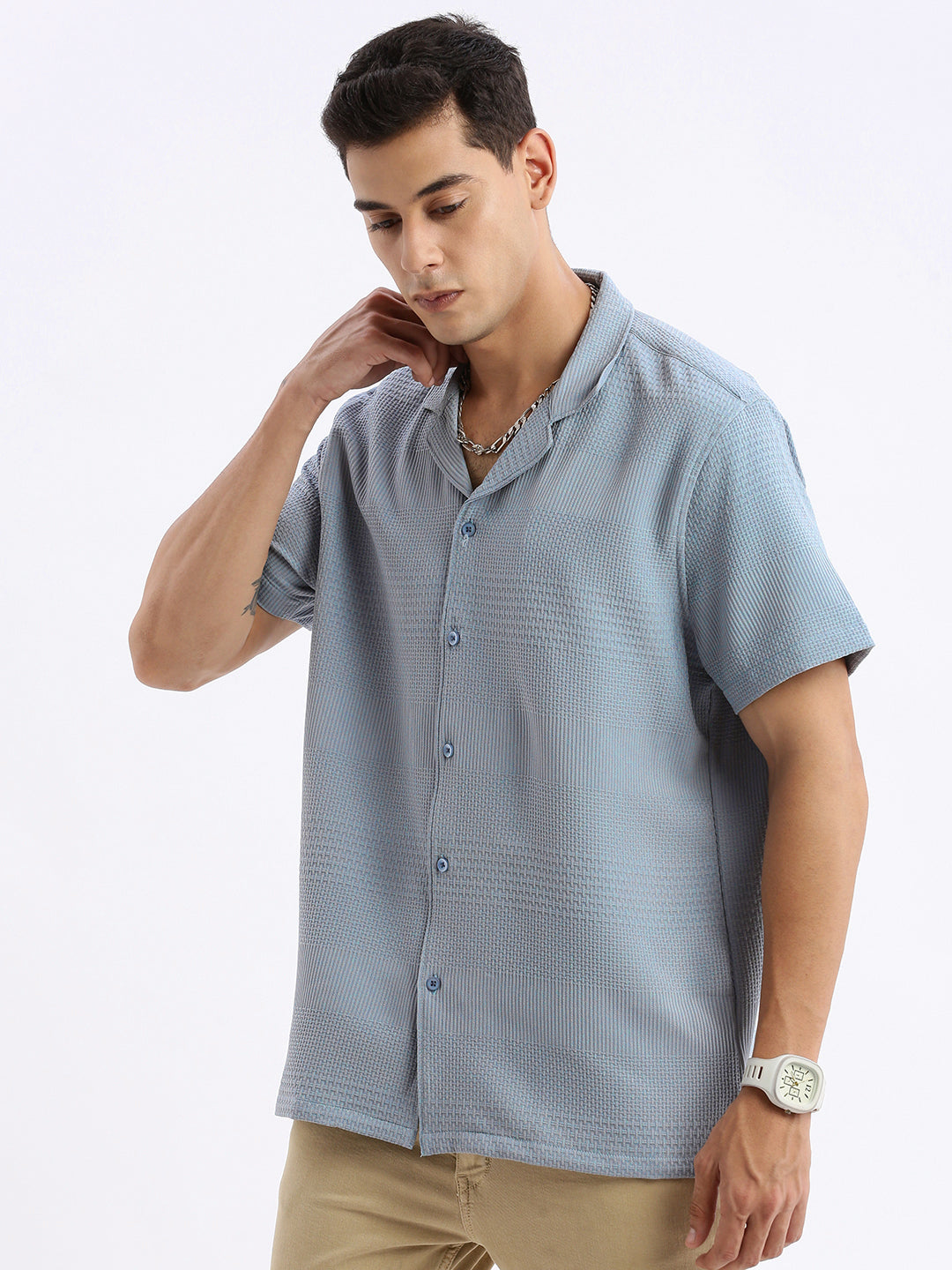 Men Cuban Collar Solid Relaxed Fit Blue Shirt