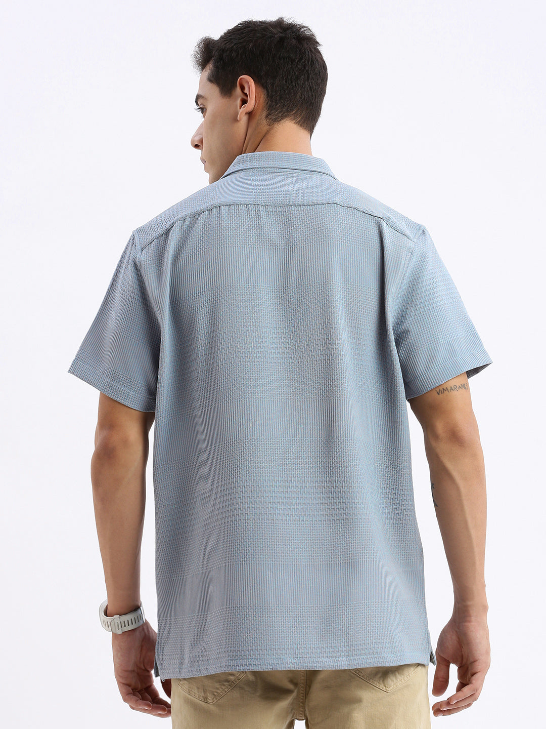 Men Cuban Collar Solid Relaxed Fit Blue Shirt