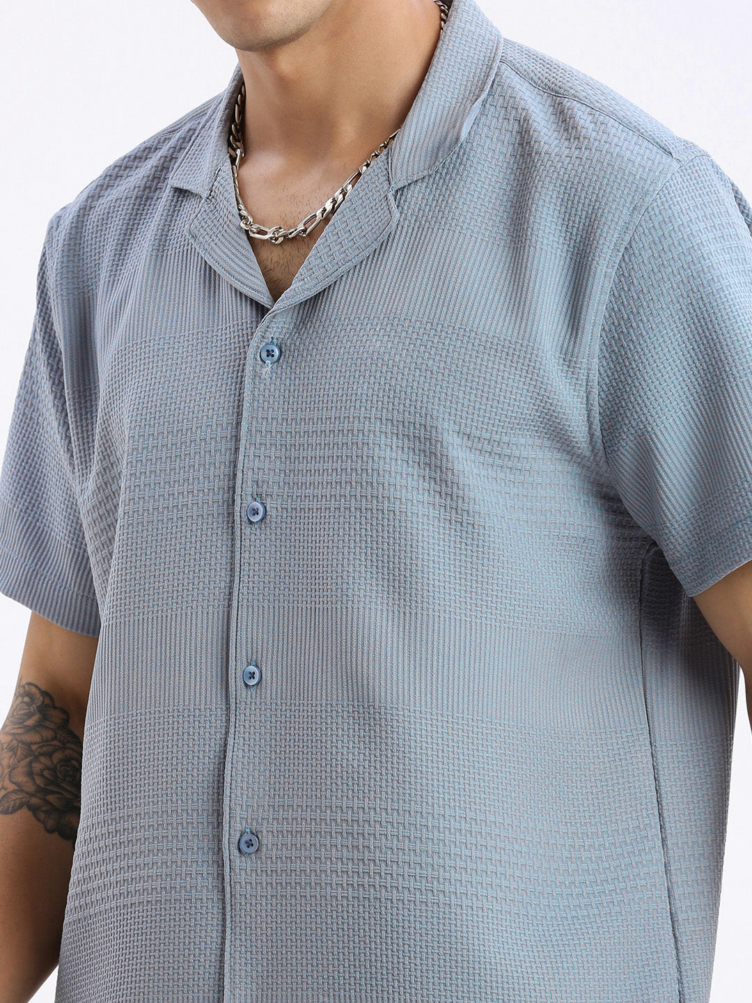 Men Cuban Collar Solid Relaxed Fit Blue Shirt