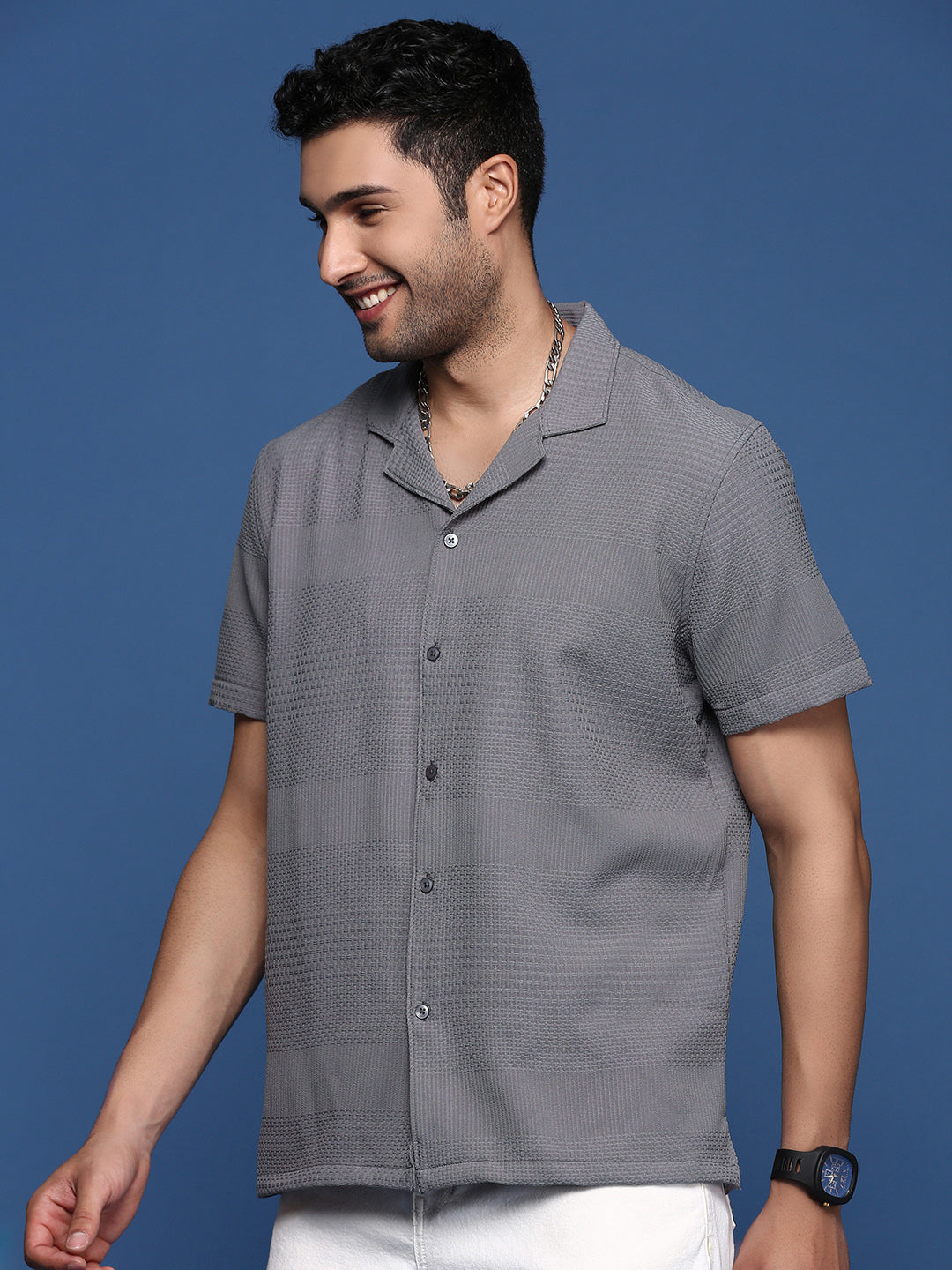 Men Cuban Collar Solid Grey Relaxed Fit Shirt