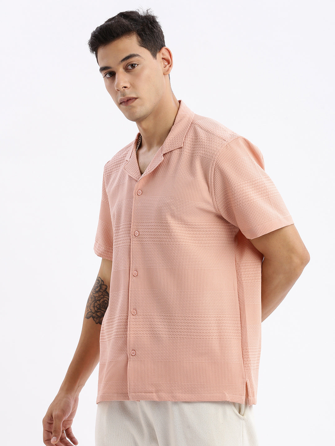 Men Cuban Collar Solid Relaxed Fit Peach Shirt