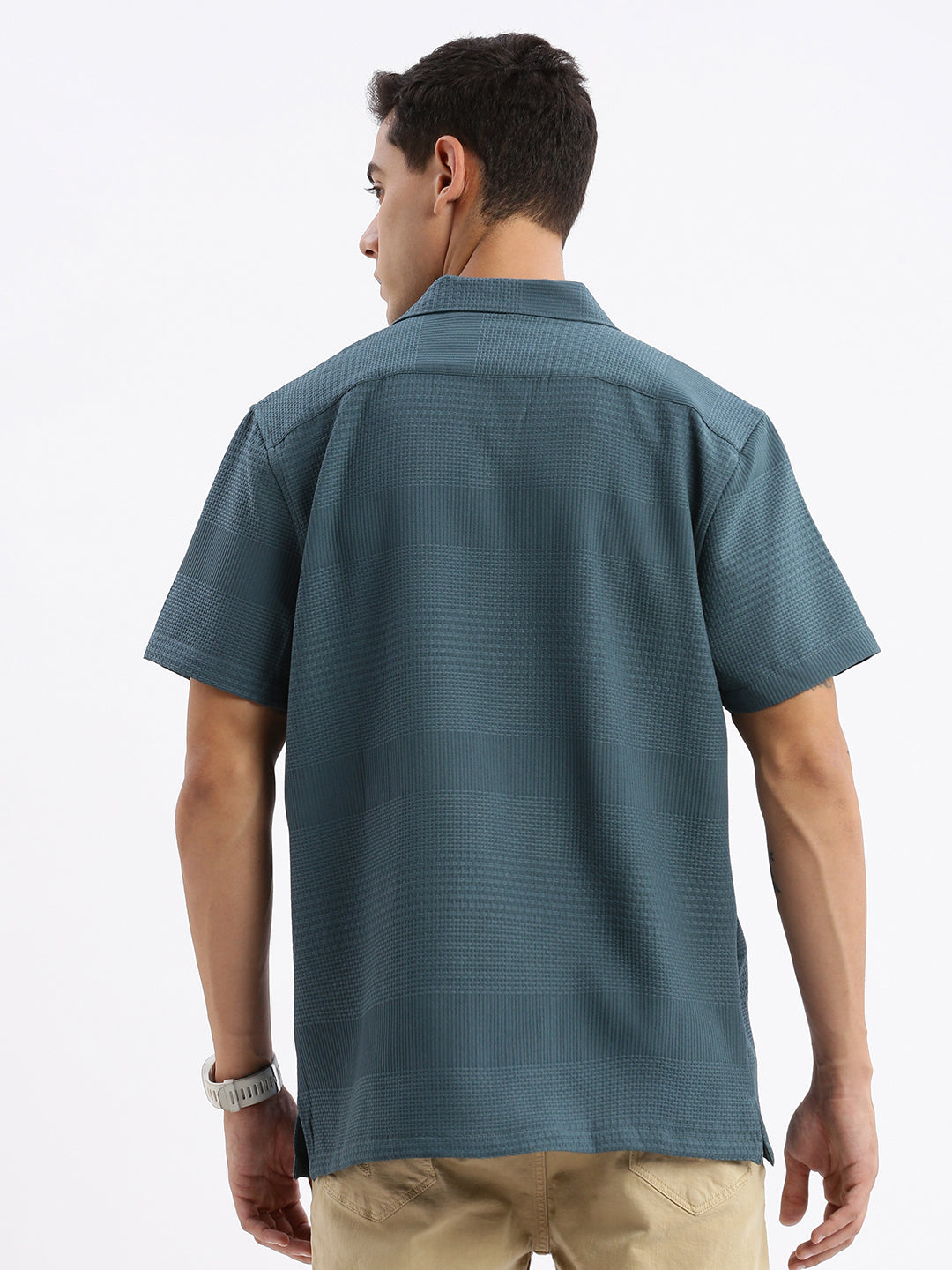 Men Cuban Collar Solid Relaxed Fit Teal Shirt