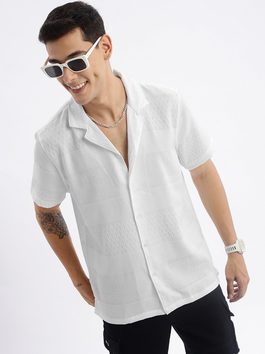 Men Cuban Collar Solid Relaxed Fit White Shirt