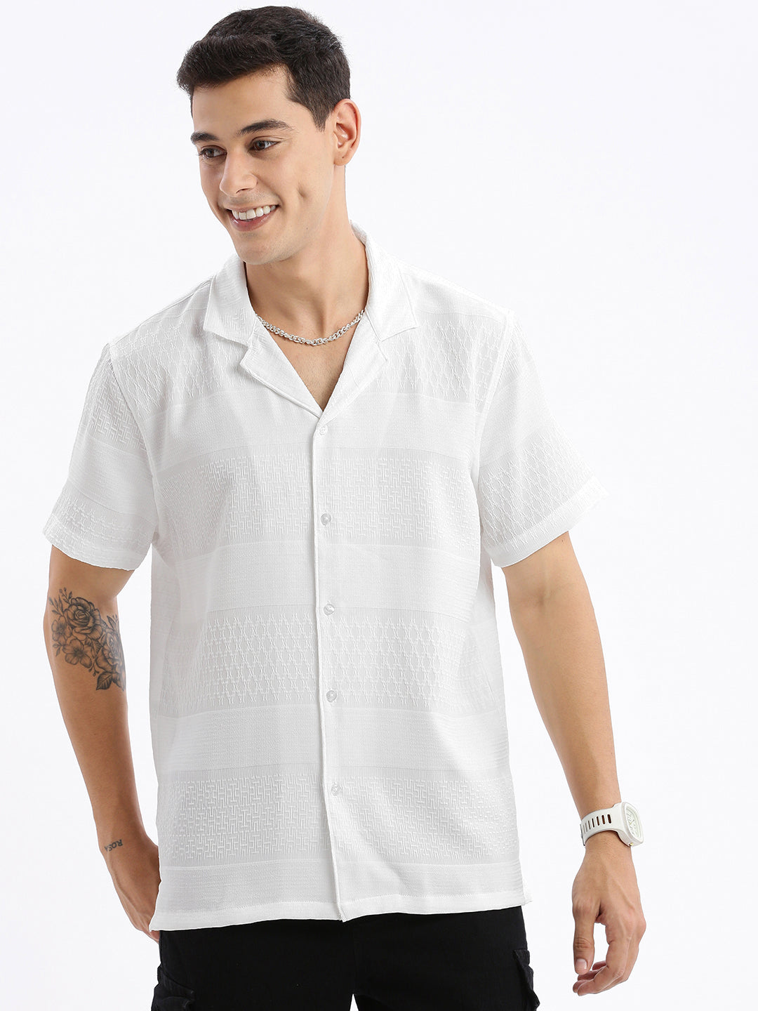 Men Cuban Collar Solid Relaxed Fit White Shirt