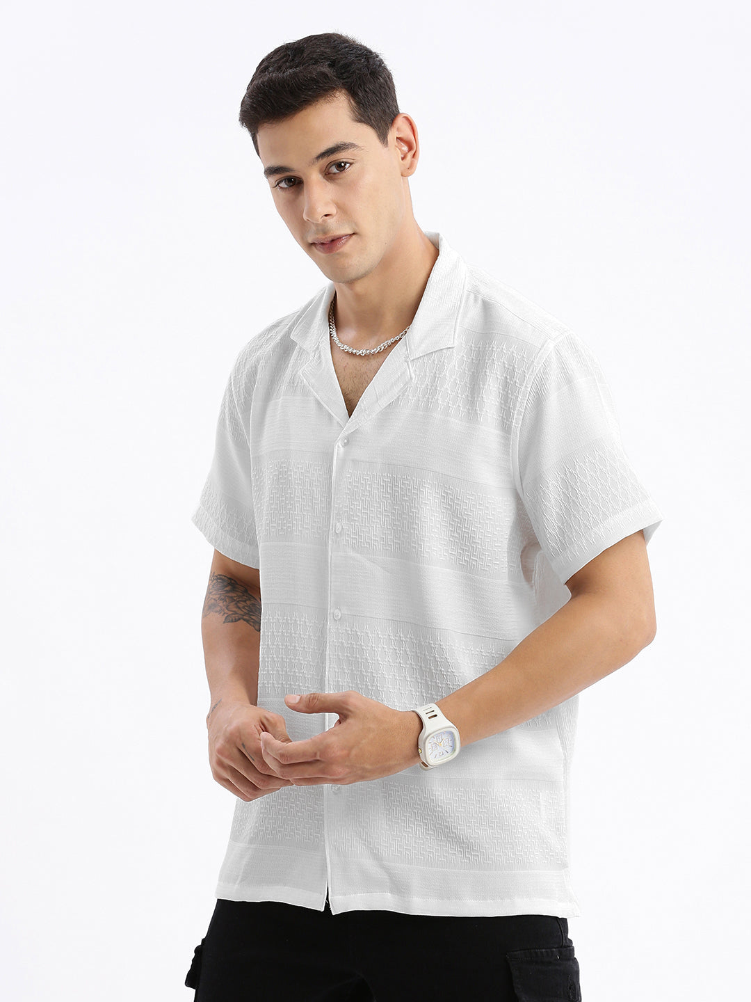 Men Cuban Collar Solid Relaxed Fit White Shirt