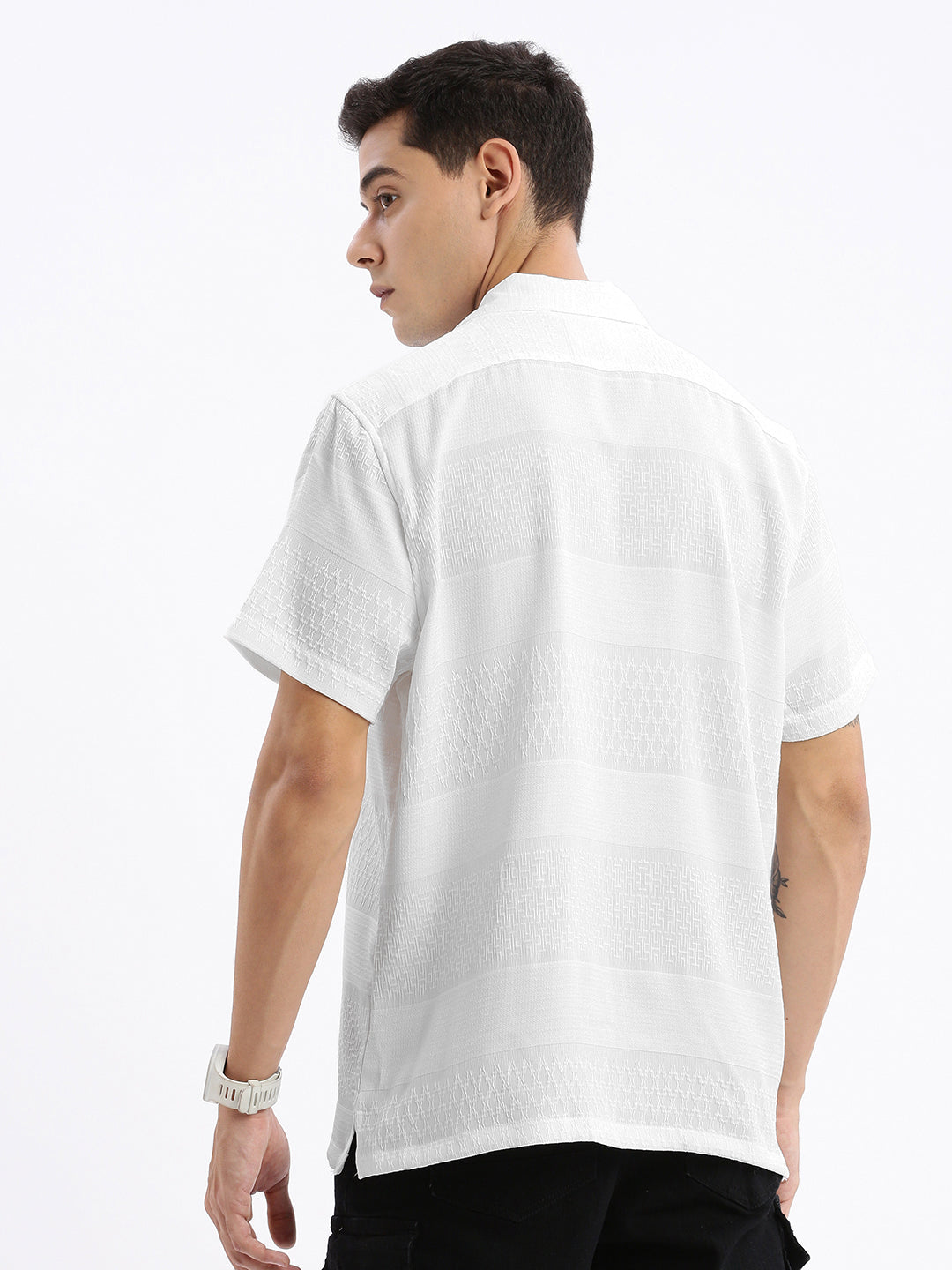 Men Cuban Collar Solid Relaxed Fit White Shirt