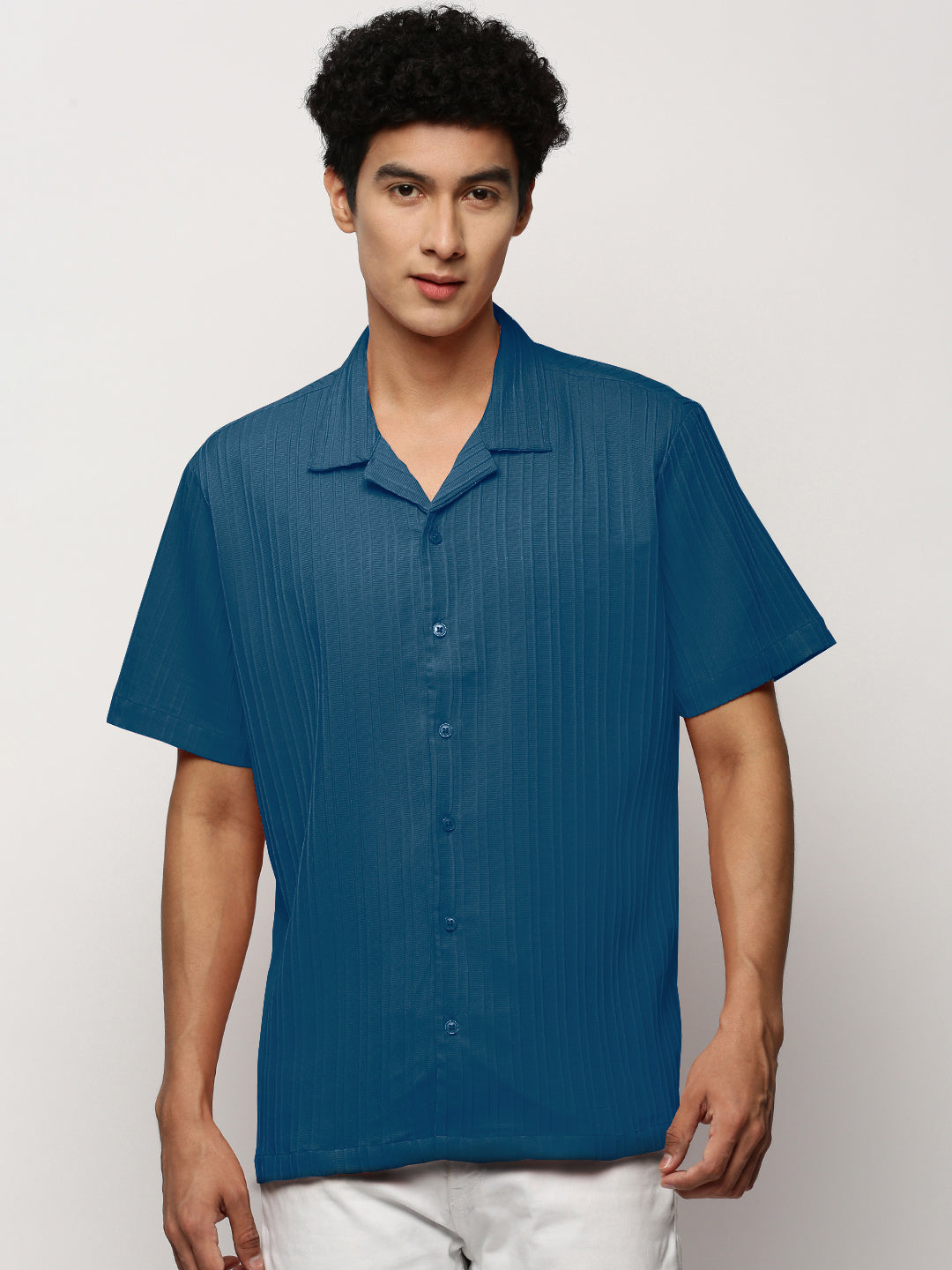 Men's Striped Blue Cuban Collar Relaxed Fit Shirt