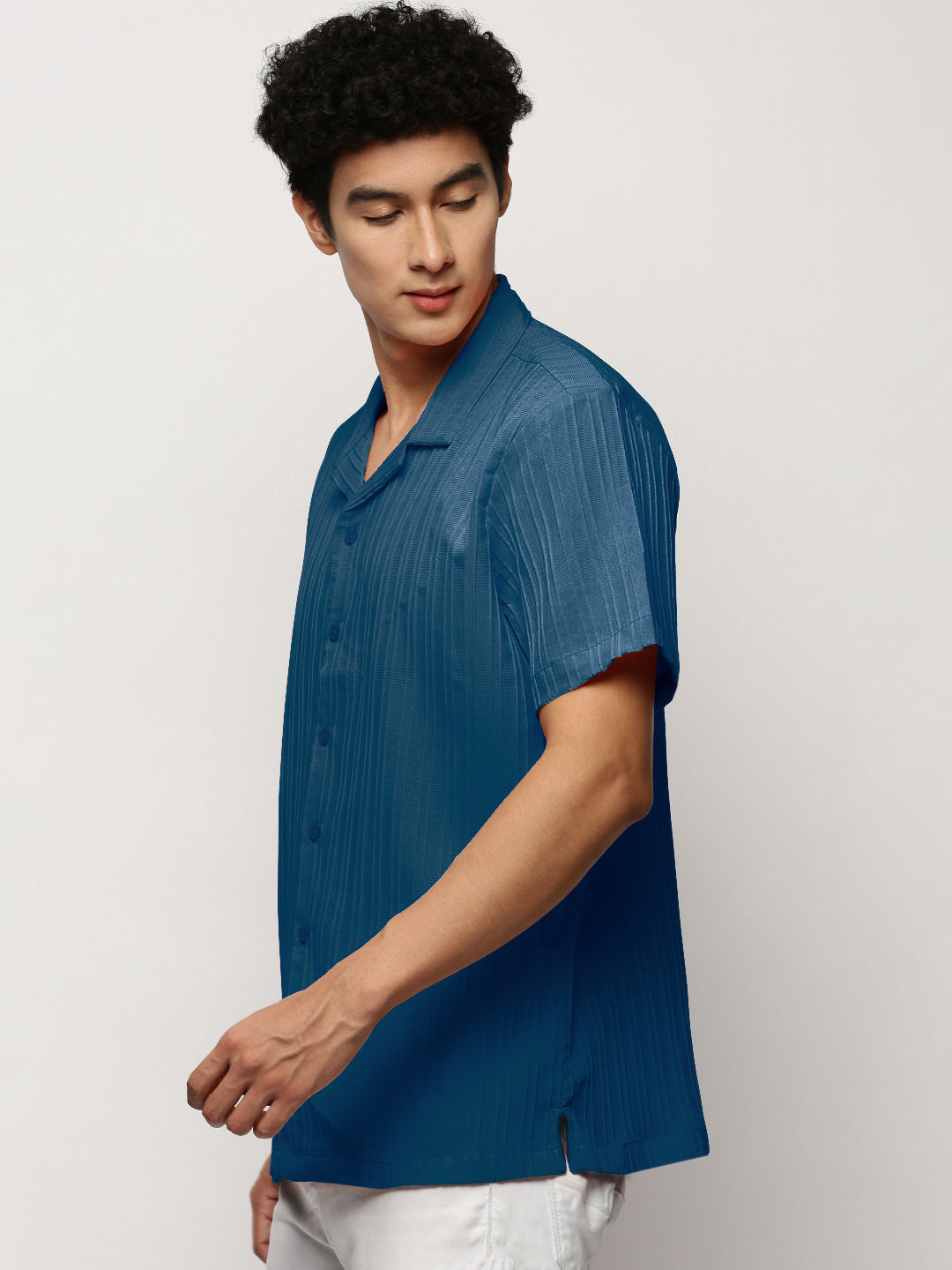 Men's Striped Blue Cuban Collar Relaxed Fit Shirt