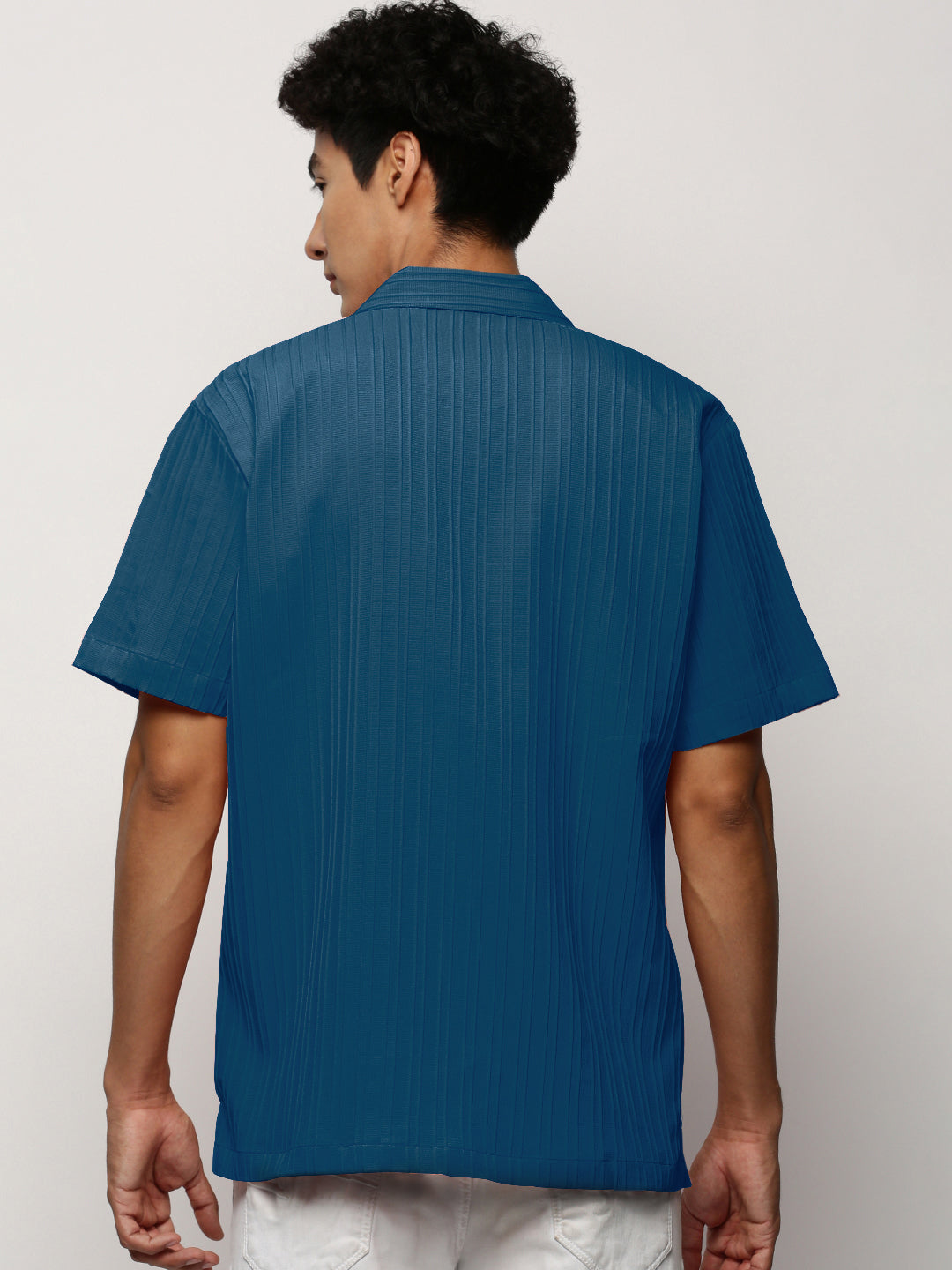 Men's Striped Blue Cuban Collar Relaxed Fit Shirt