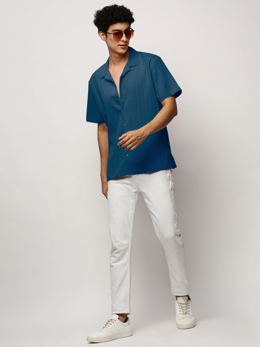 Men's Striped Blue Cuban Collar Relaxed Fit Shirt