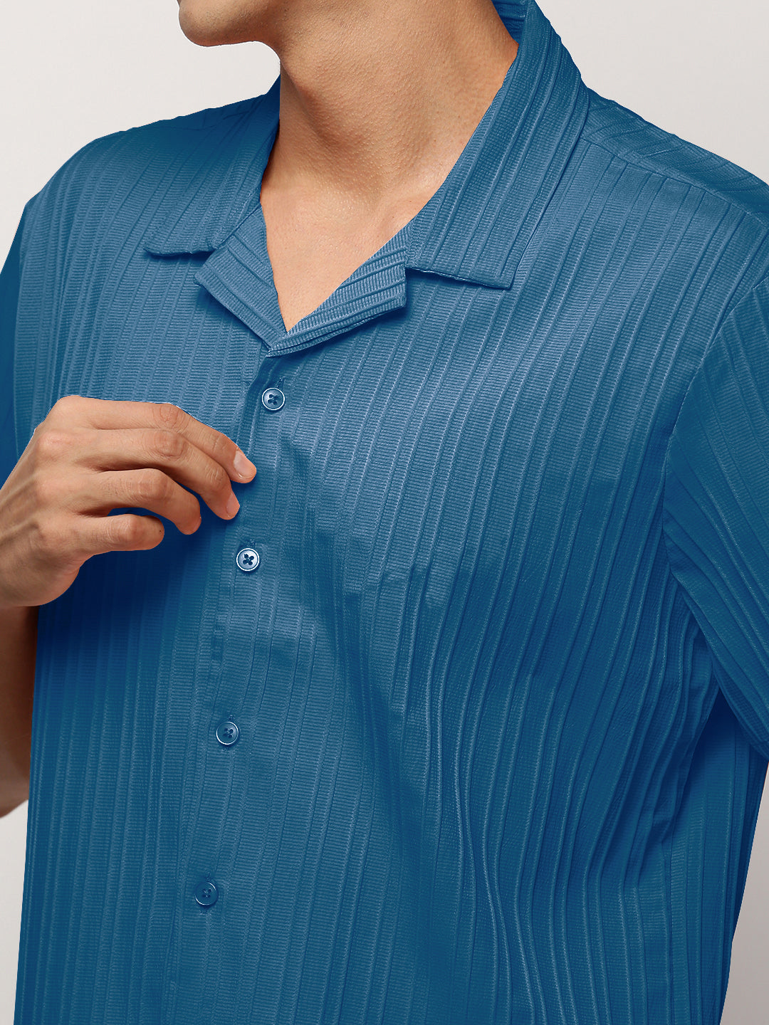 Men's Striped Blue Cuban Collar Relaxed Fit Shirt