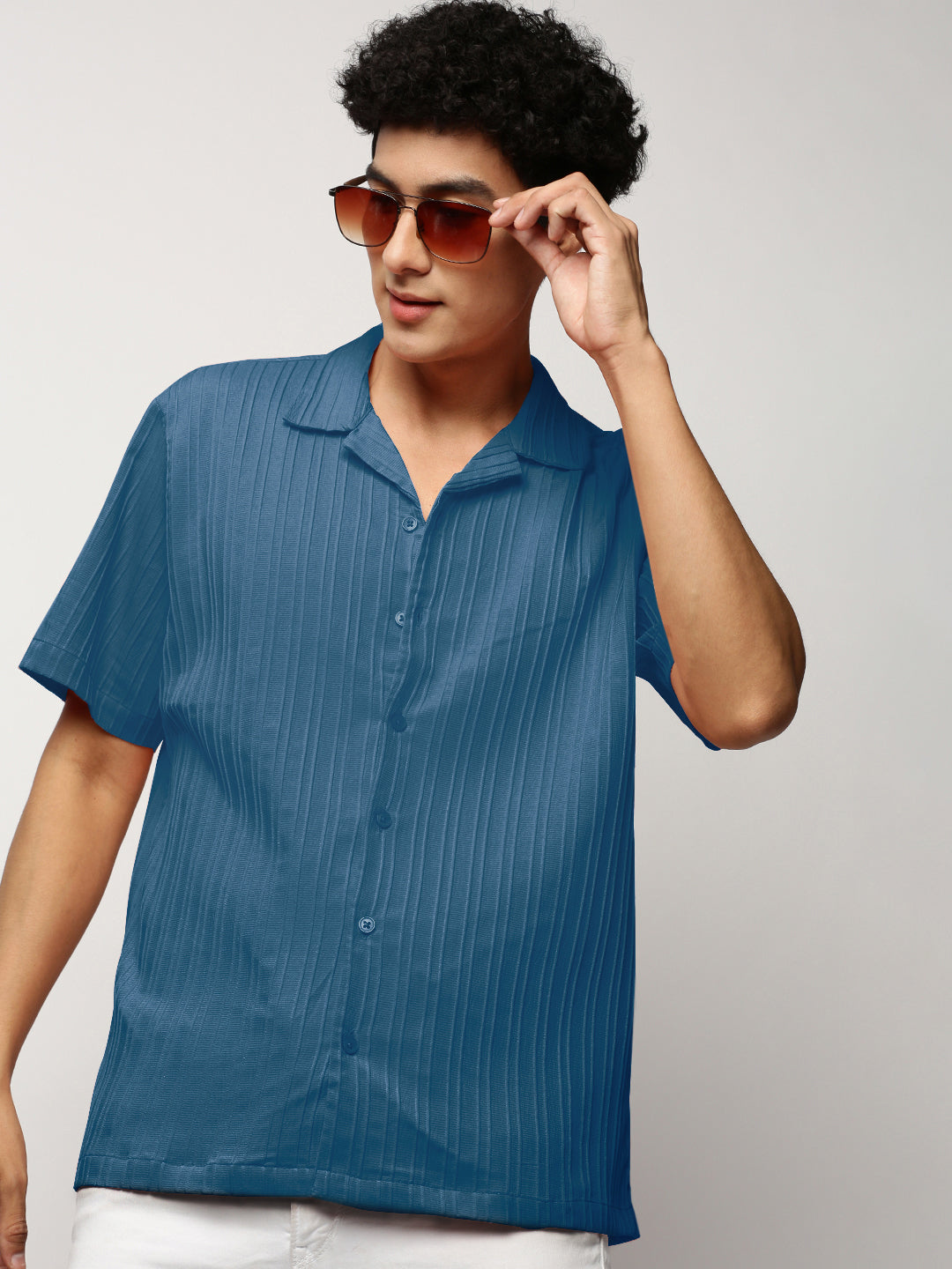 Men's Striped Blue Cuban Collar Relaxed Fit Shirt