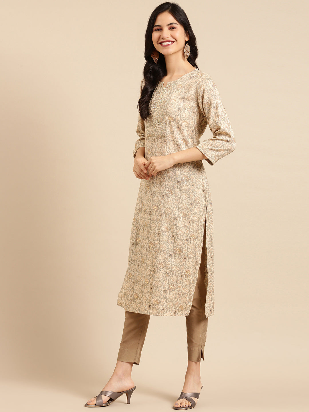 Women's Printed Beige Straight Kurta