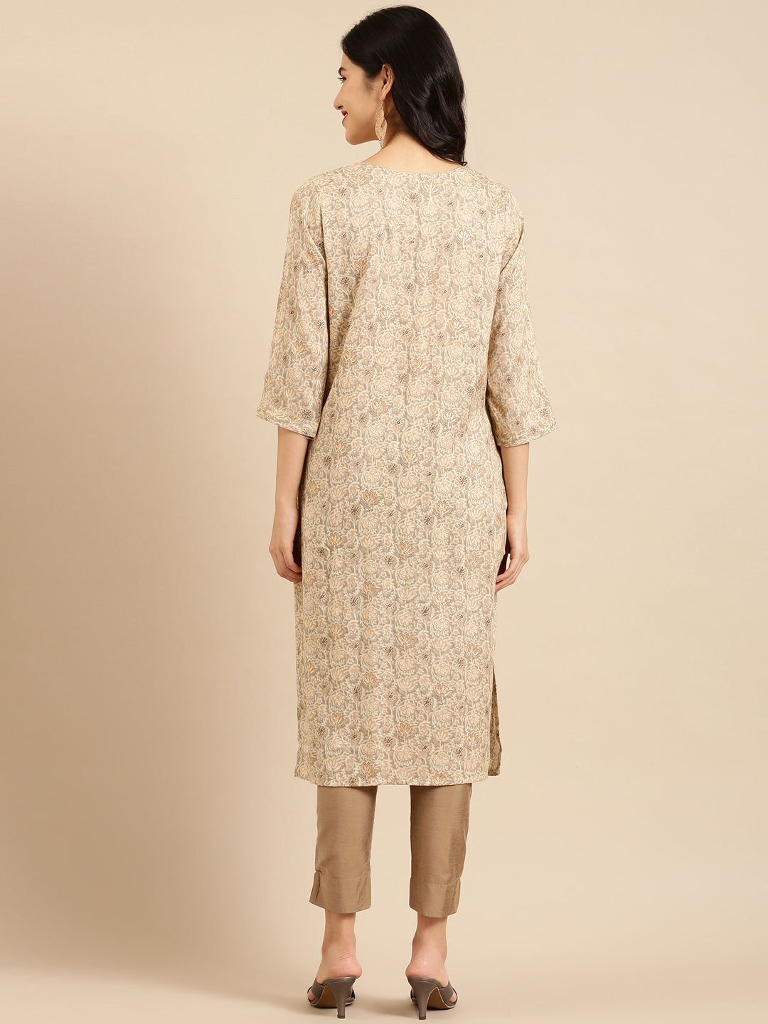 Women's Printed Beige Straight Kurta