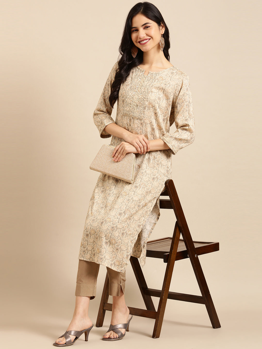 Women's Printed Beige Straight Kurta