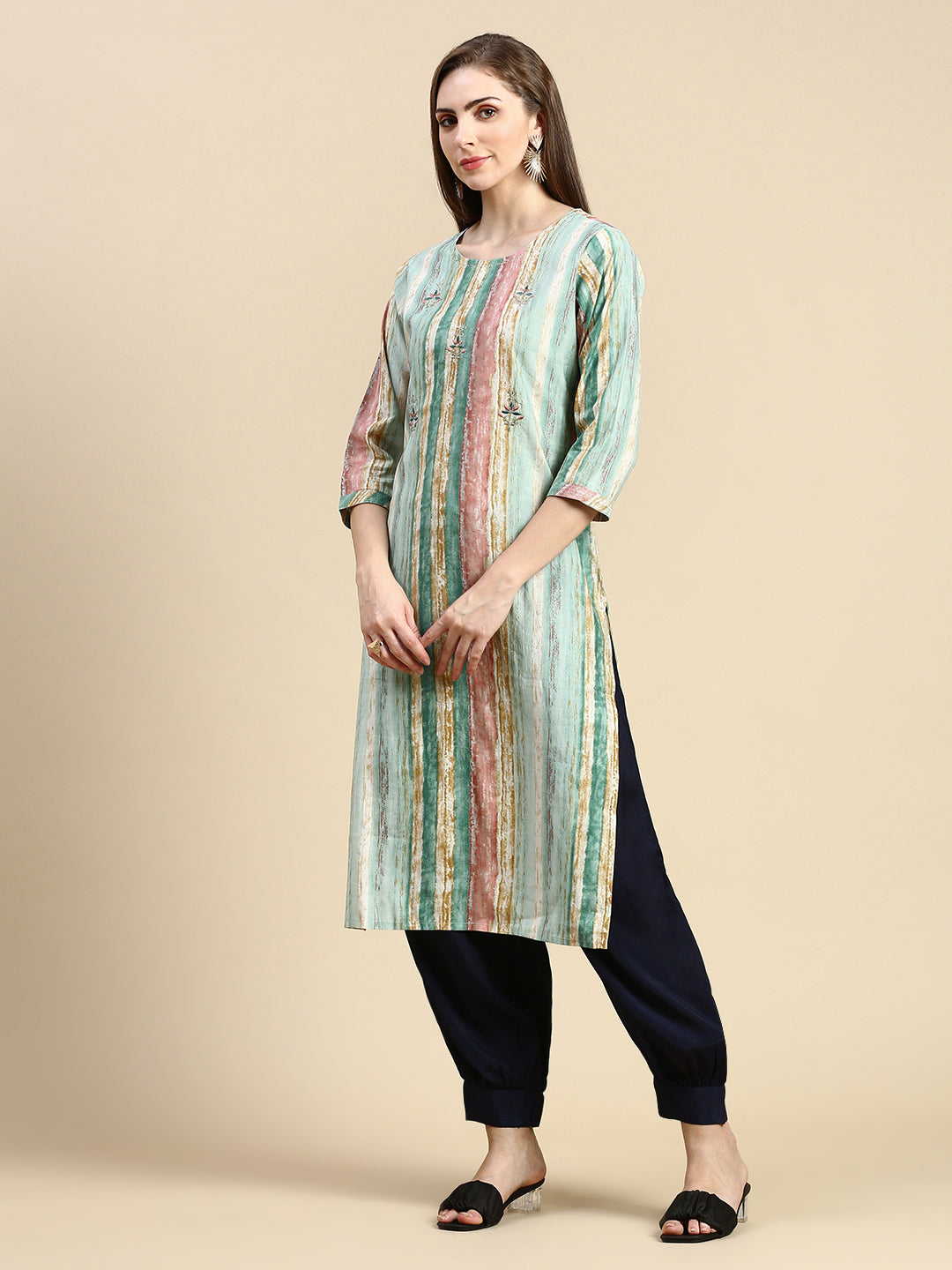 Women Striped Sea Green Straight Kurta