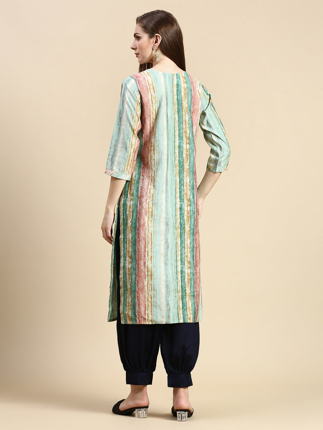 Women Striped Sea Green Straight Kurta