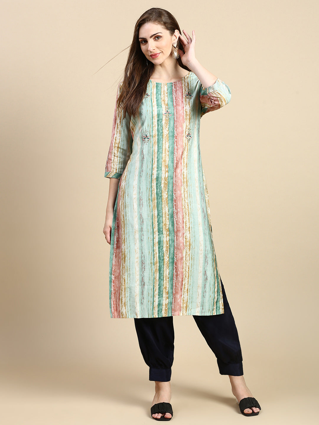 Women Striped Sea Green Straight Kurta