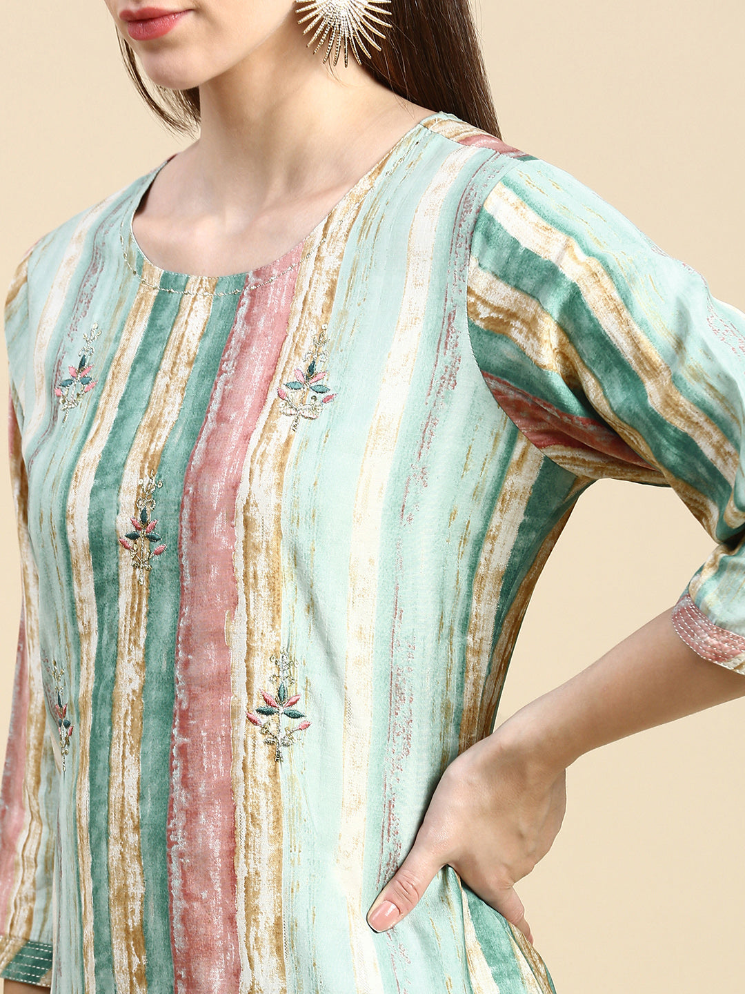 Women Striped Sea Green Straight Kurta