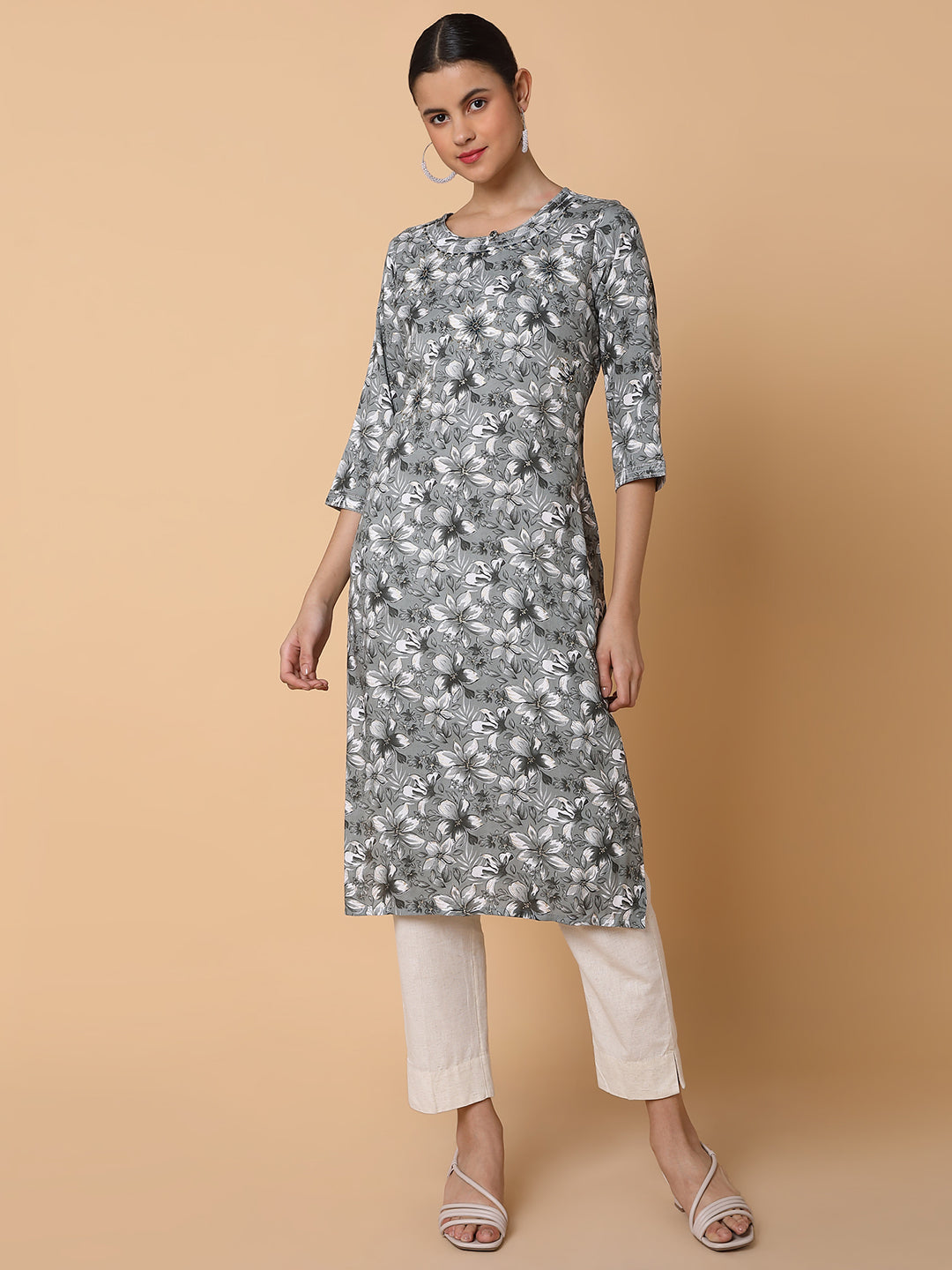 Women Floral Grey Straight Kurta