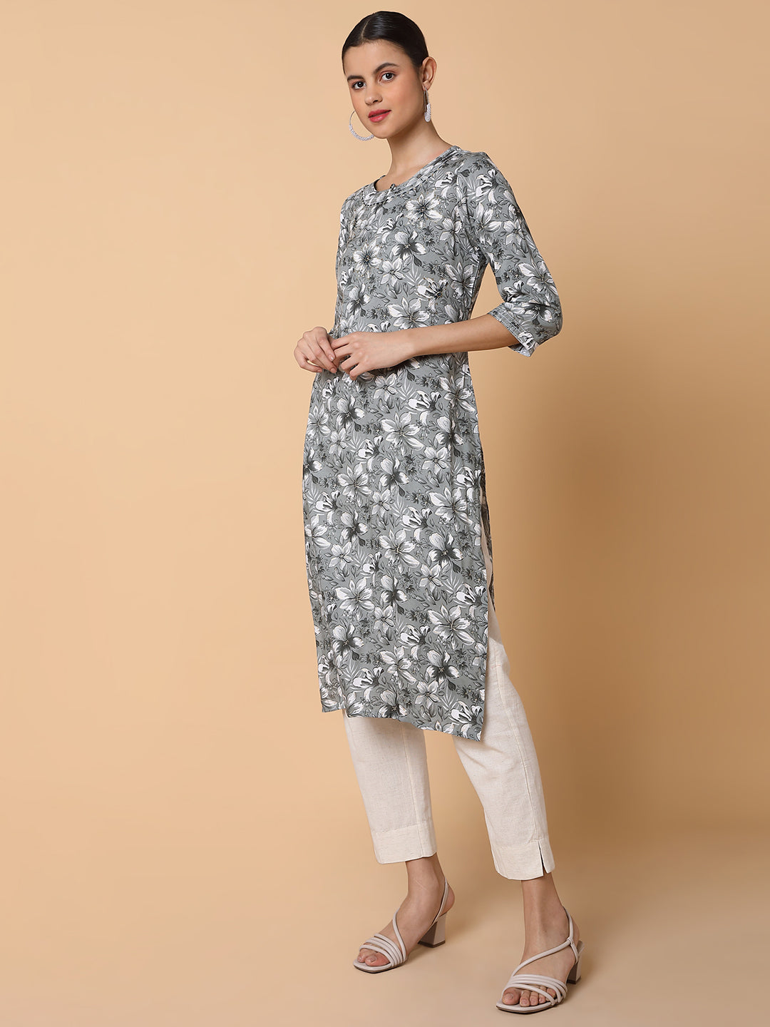 Women Floral Grey Straight Kurta