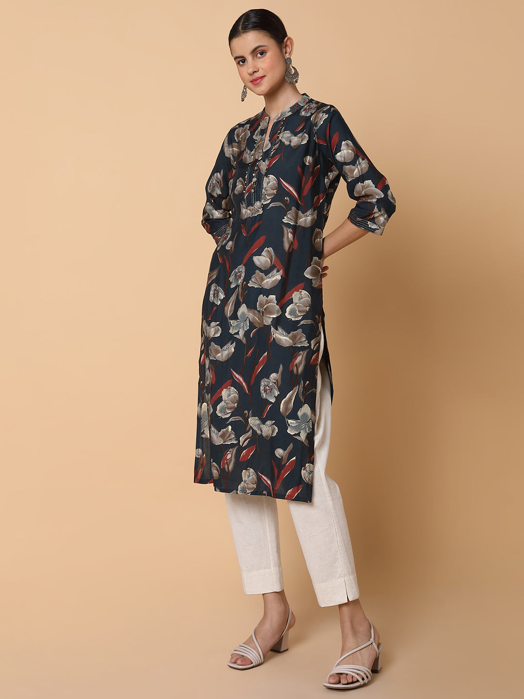 Women Floral Teal Straight Kurta