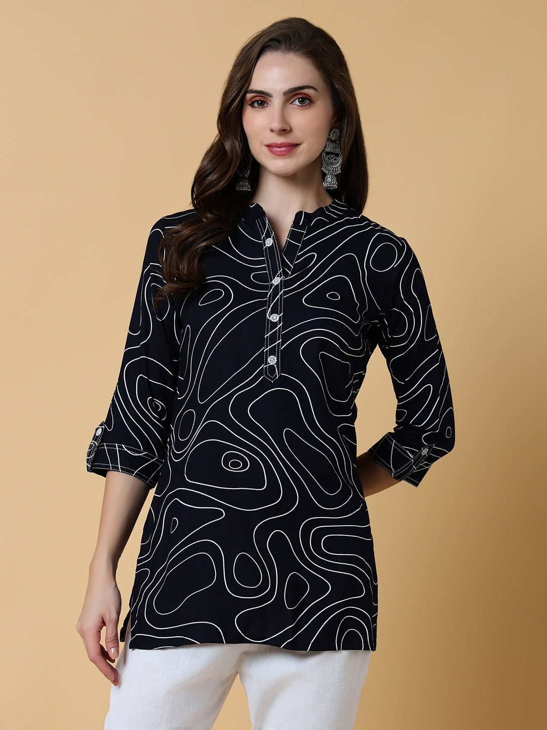 Women Abstract Navy Blue Straight Kurti