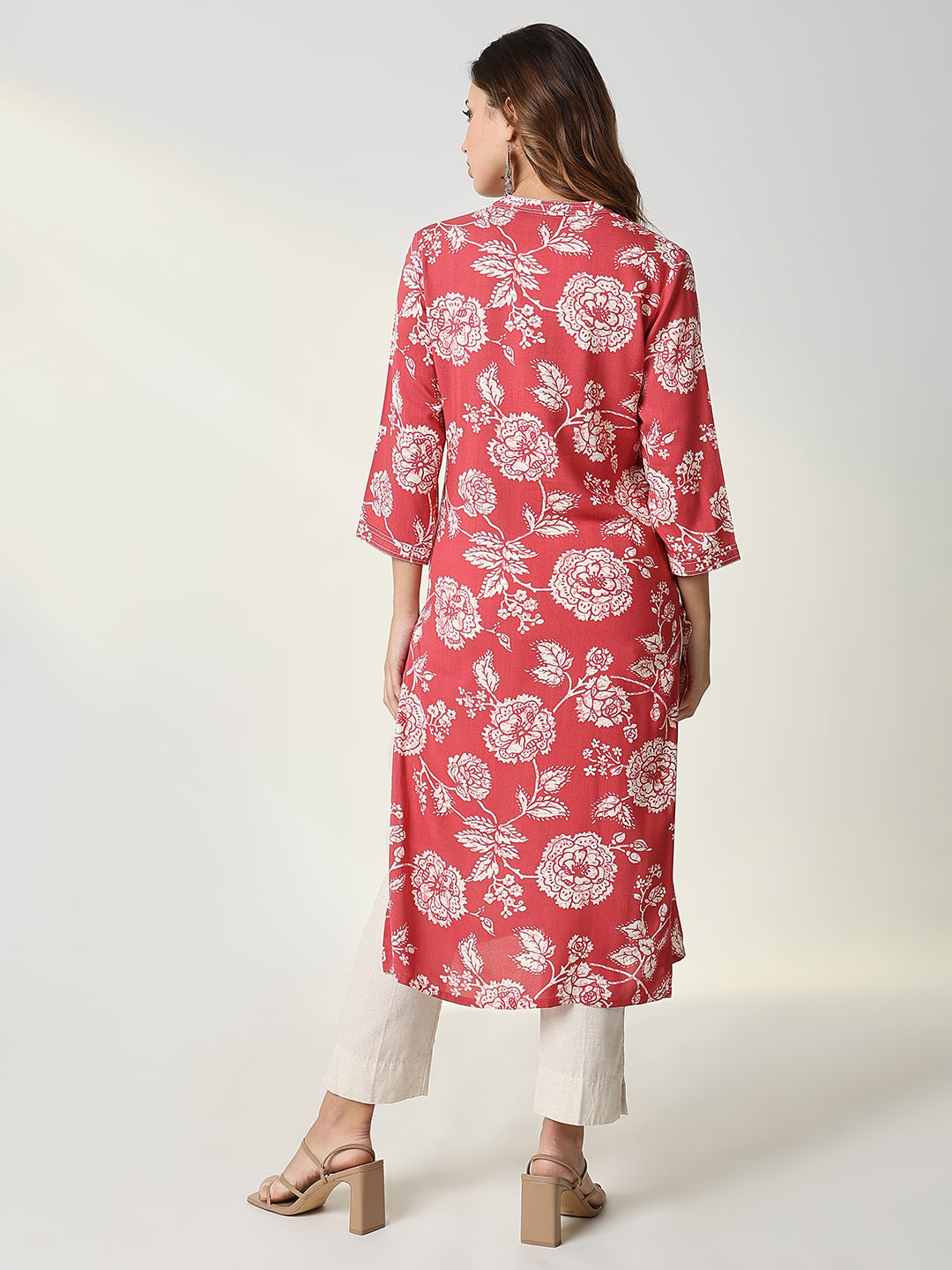 Women Red Floral Straight Kurta