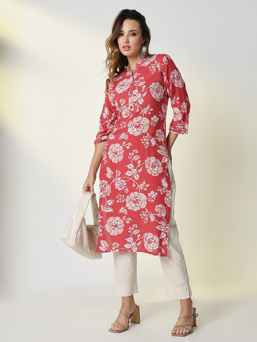 Women Red Floral Straight Kurta