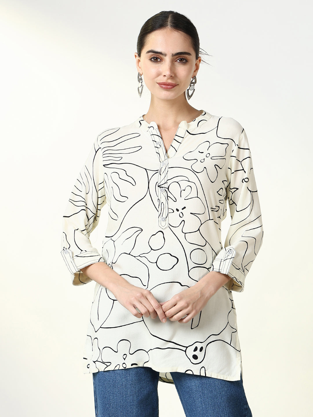 Women Off White Abstract Straight Kurti