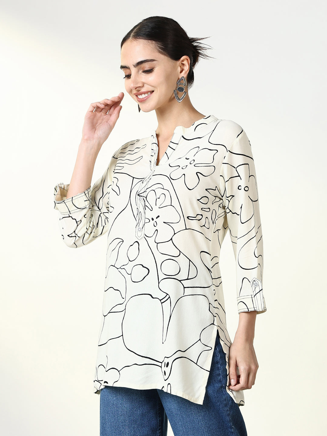 Women Off White Abstract Straight Kurti