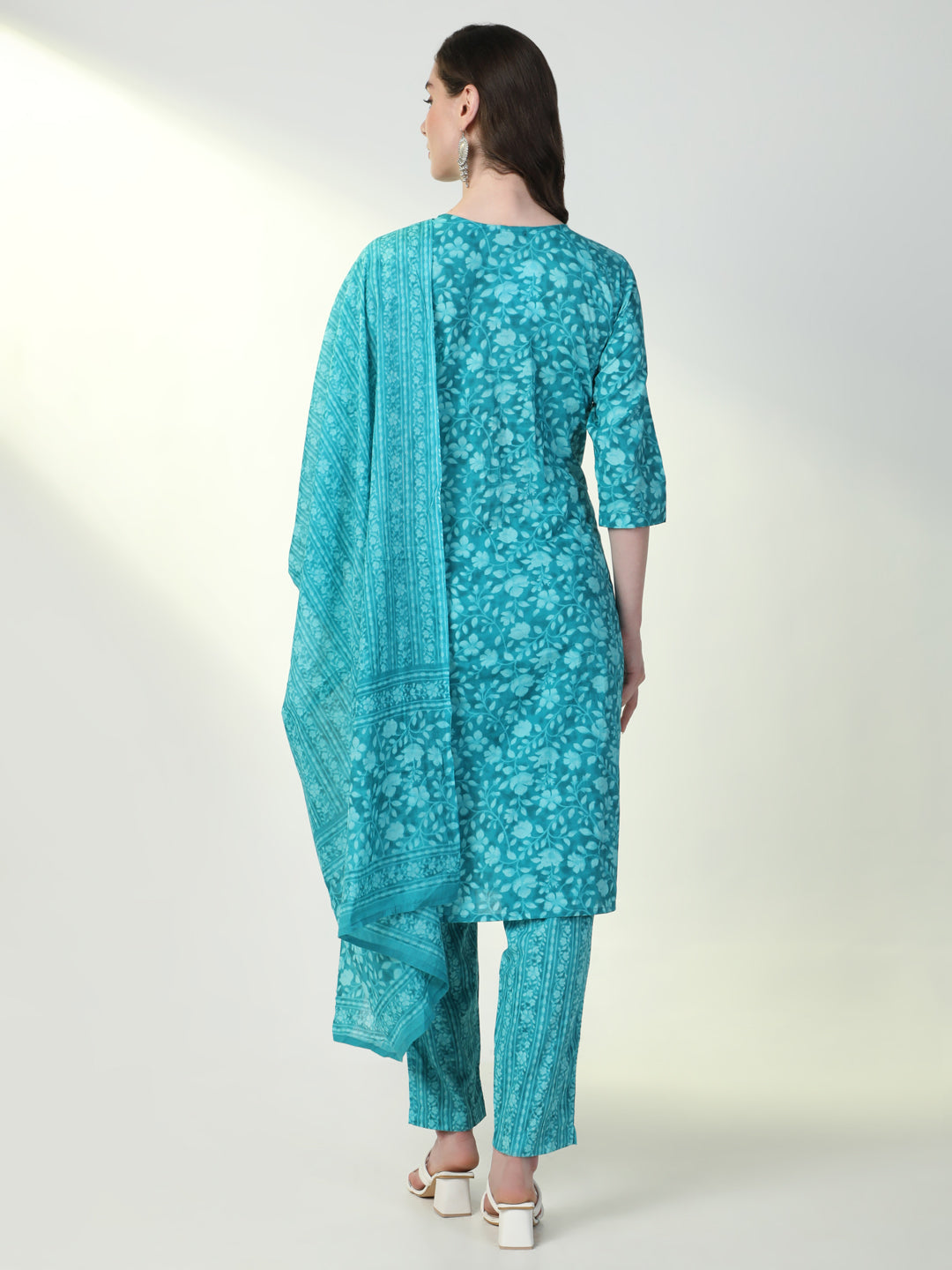 Women Blue Floral Kurta Set with Dupatta