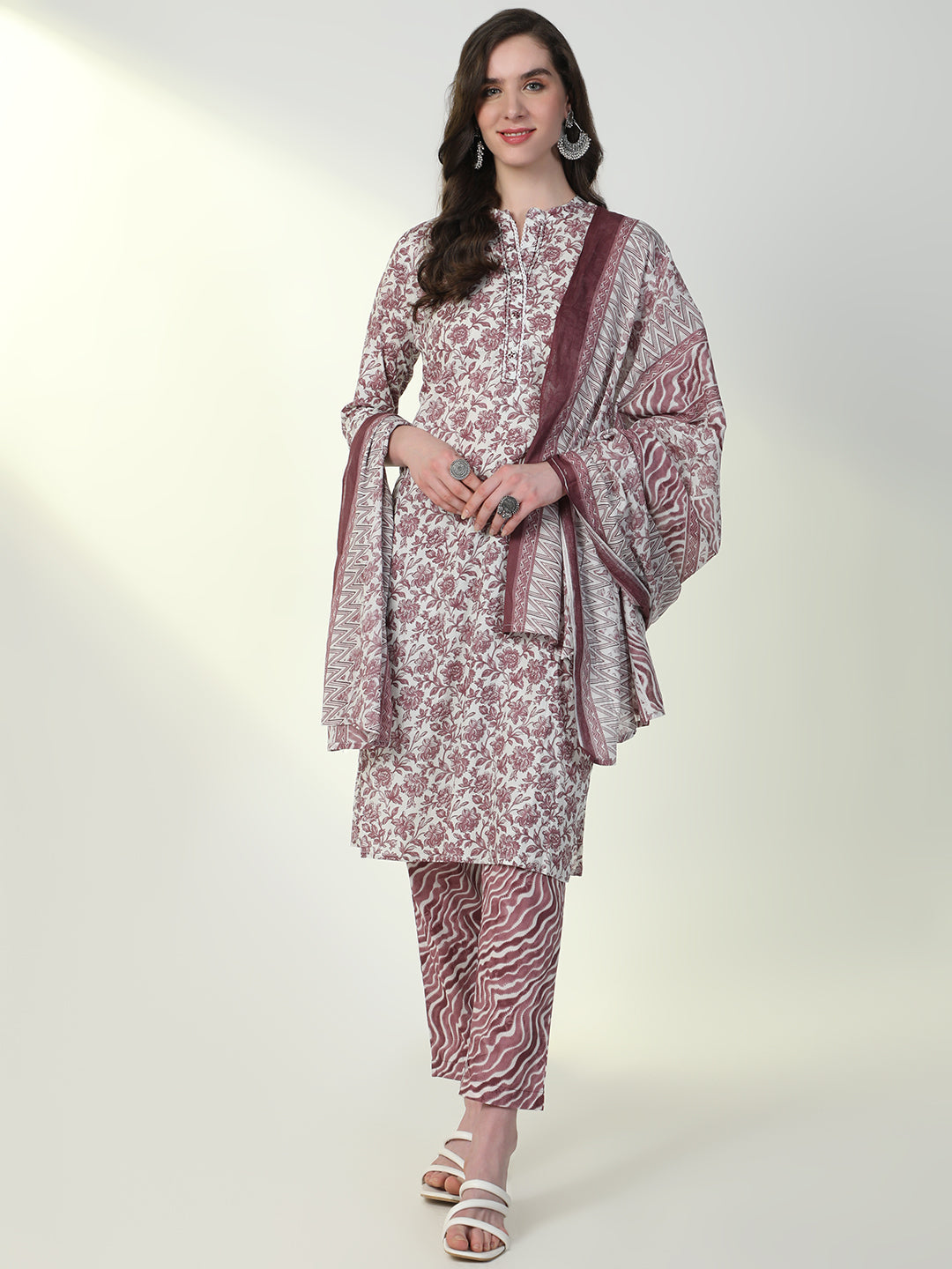 Women Purple Floral Kurta Set with Dupatta