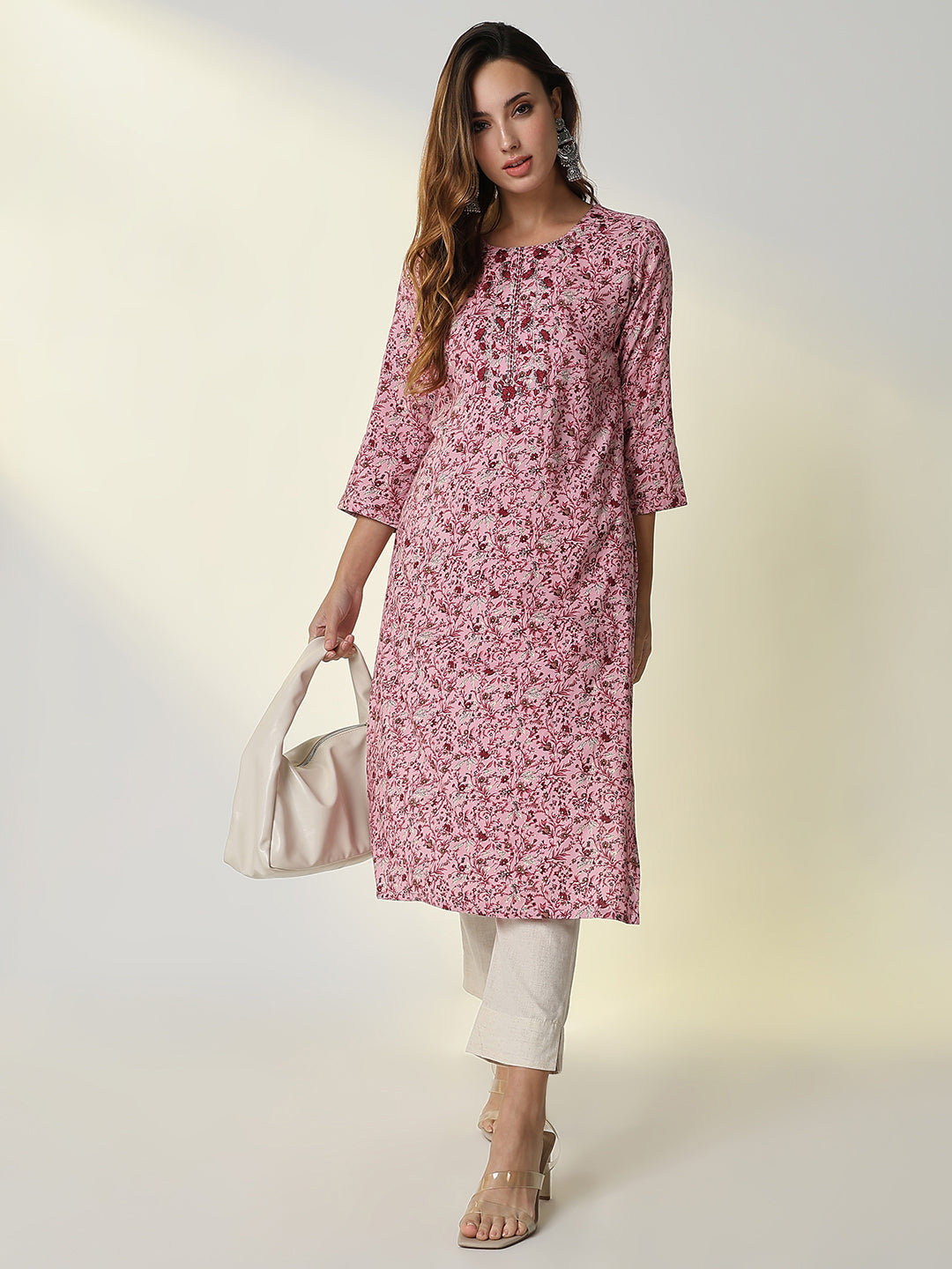 Women Pink Floral Straight Kurta